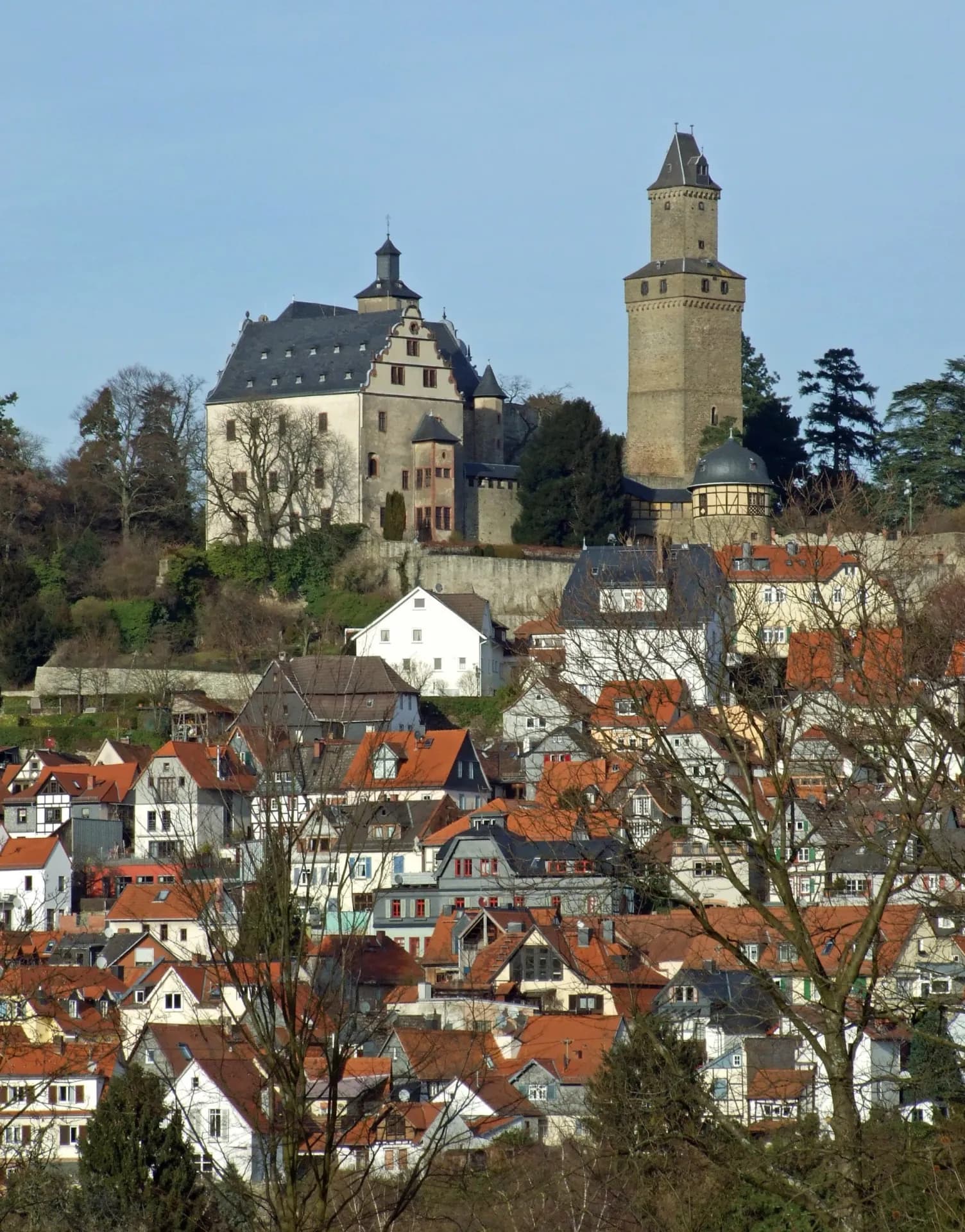 Luftbild der Kronberger Altstadt mit Burg und Kirchturm
