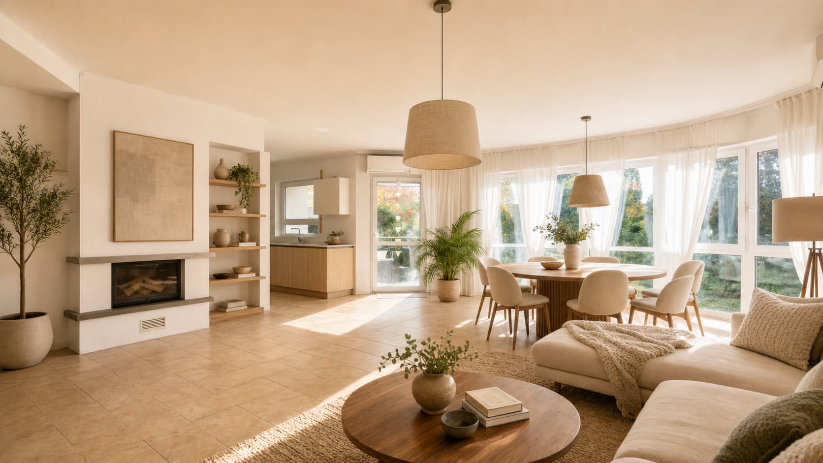 Moderne Wohnung mit offener Küche und Holzboden