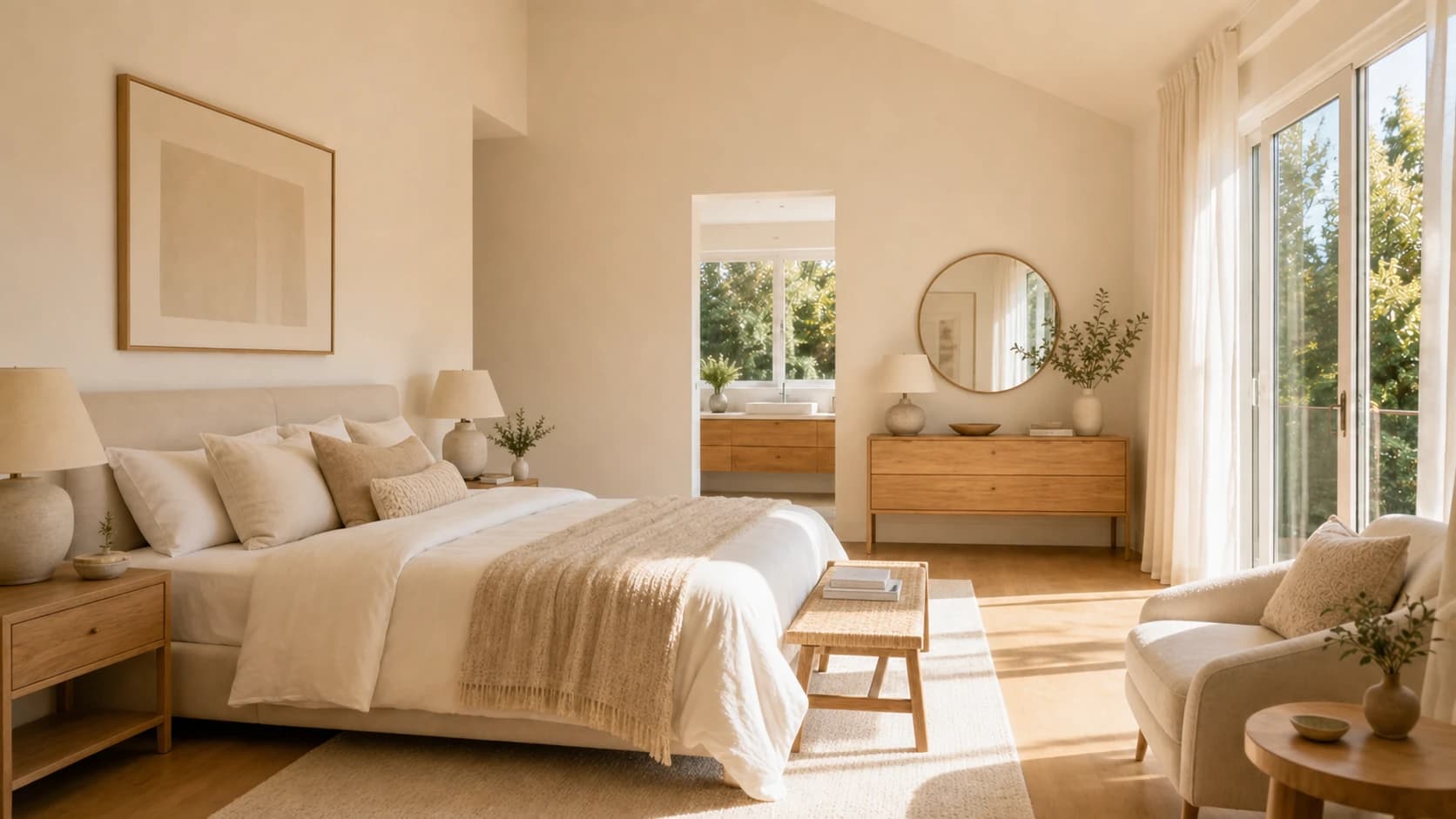 Helles Schlafzimmer mit Doppelbett und Sitzecke am Fenster