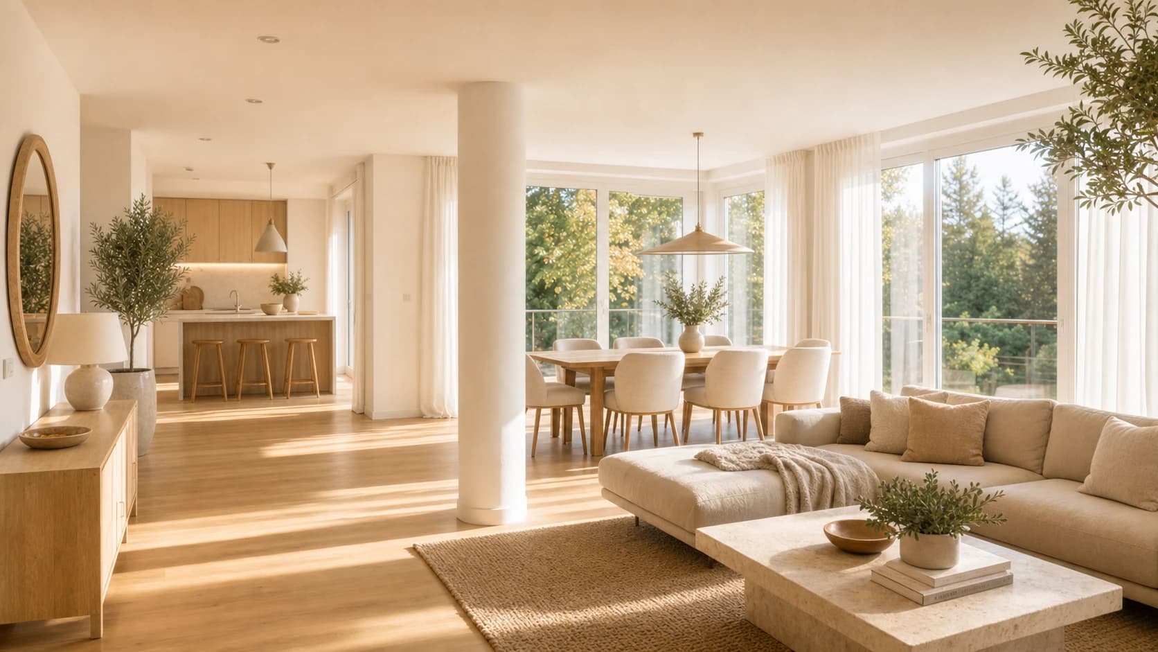Offener Wohnraum mit Essbereich, Säule und Blick ins Grüne