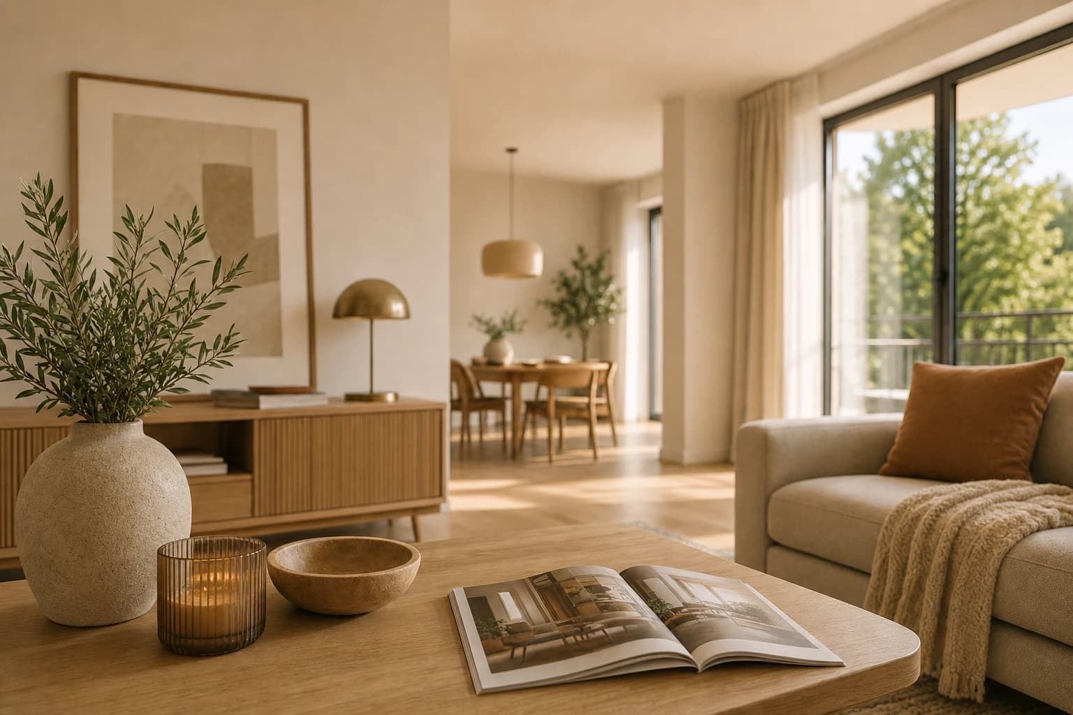 Gemütliches Wohnzimmer mit Sofa und Sideboard in warmem Abendlicht