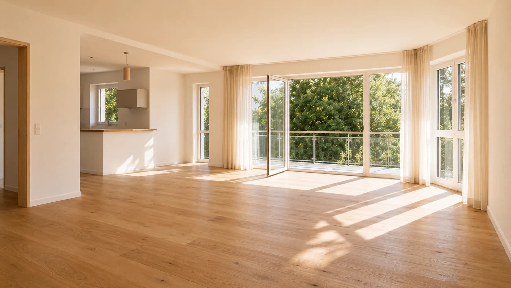 Leere Wohnung mit Parkettboden und bodentiefen Fenstern zum Balkon