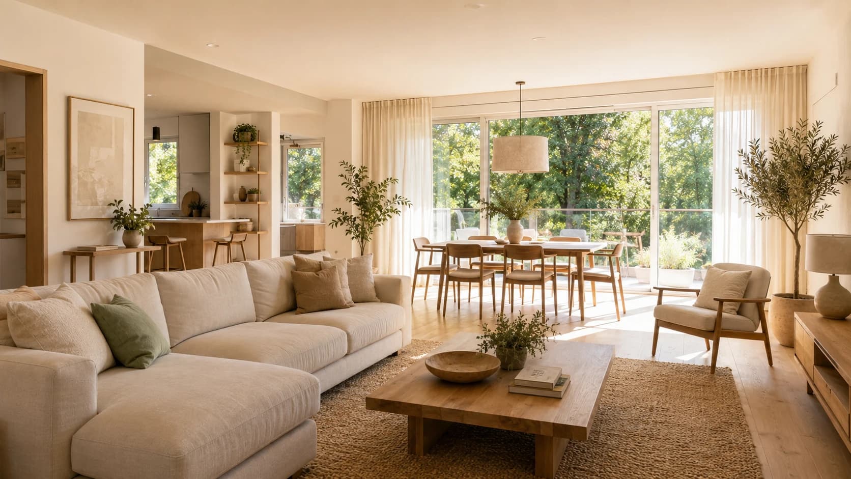Großzügiges Wohnzimmer mit Ecksofa und Esstisch am Gartenfenster
