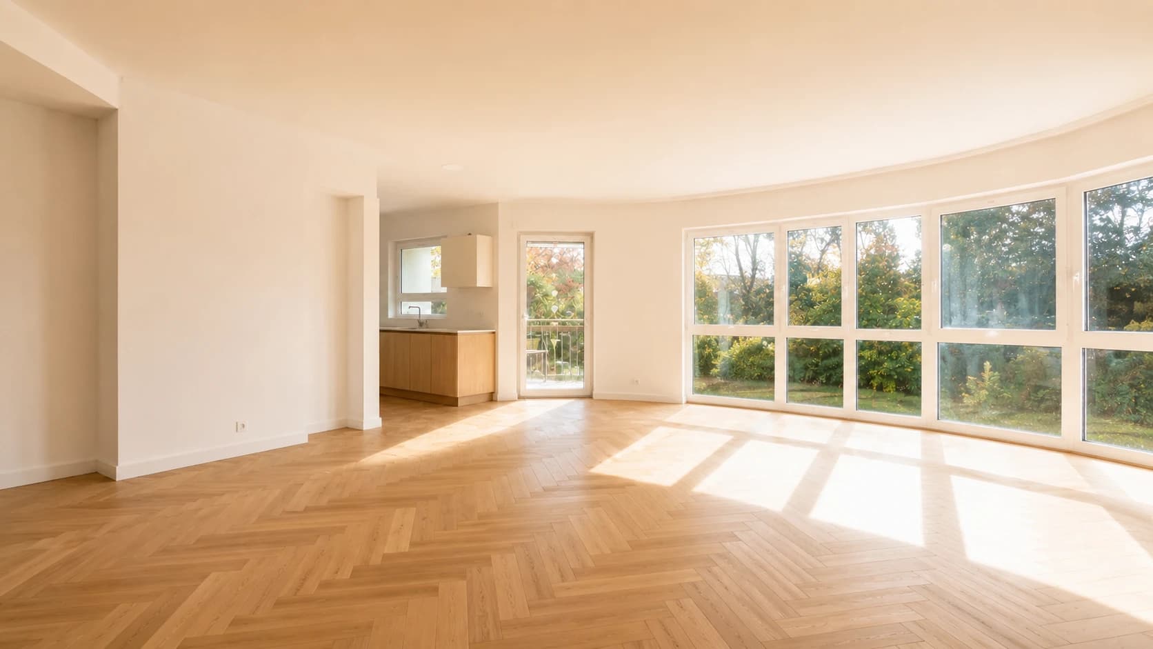 Leere Wohnung mit Fischgrätparkett und großer Fensterfront – Bewertung über den Vergleichswert