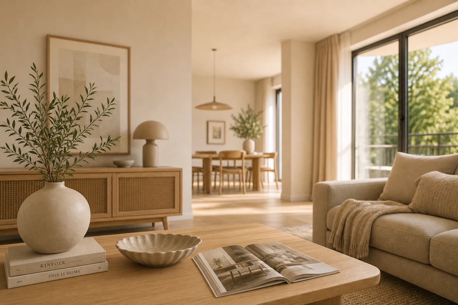 Stilvolles Wohnzimmer mit Holz-Sideboard, Vase und Couchtisch aus hellem Holz