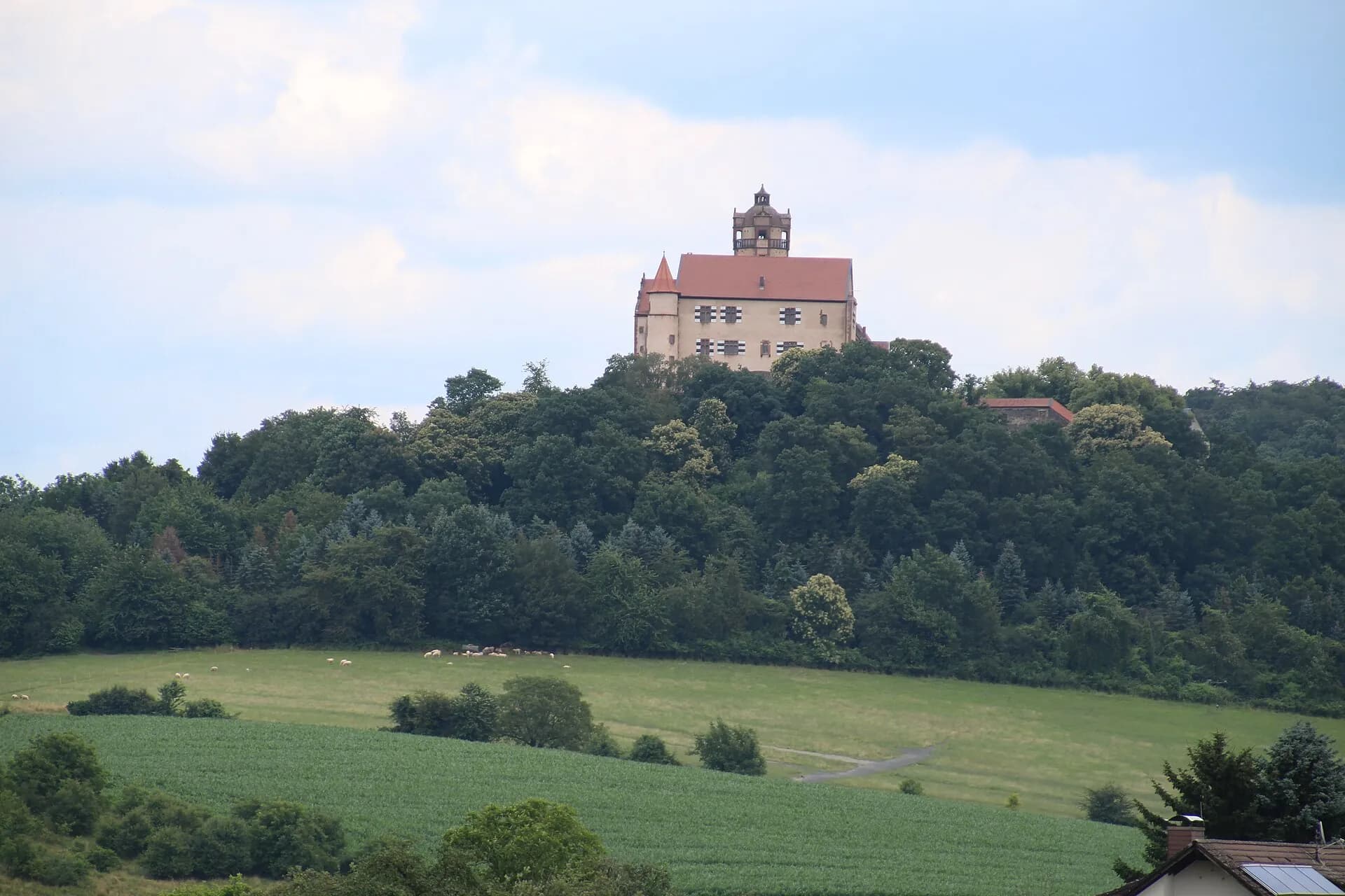 Fernansicht der Burg Ronneburg über den Wiesen