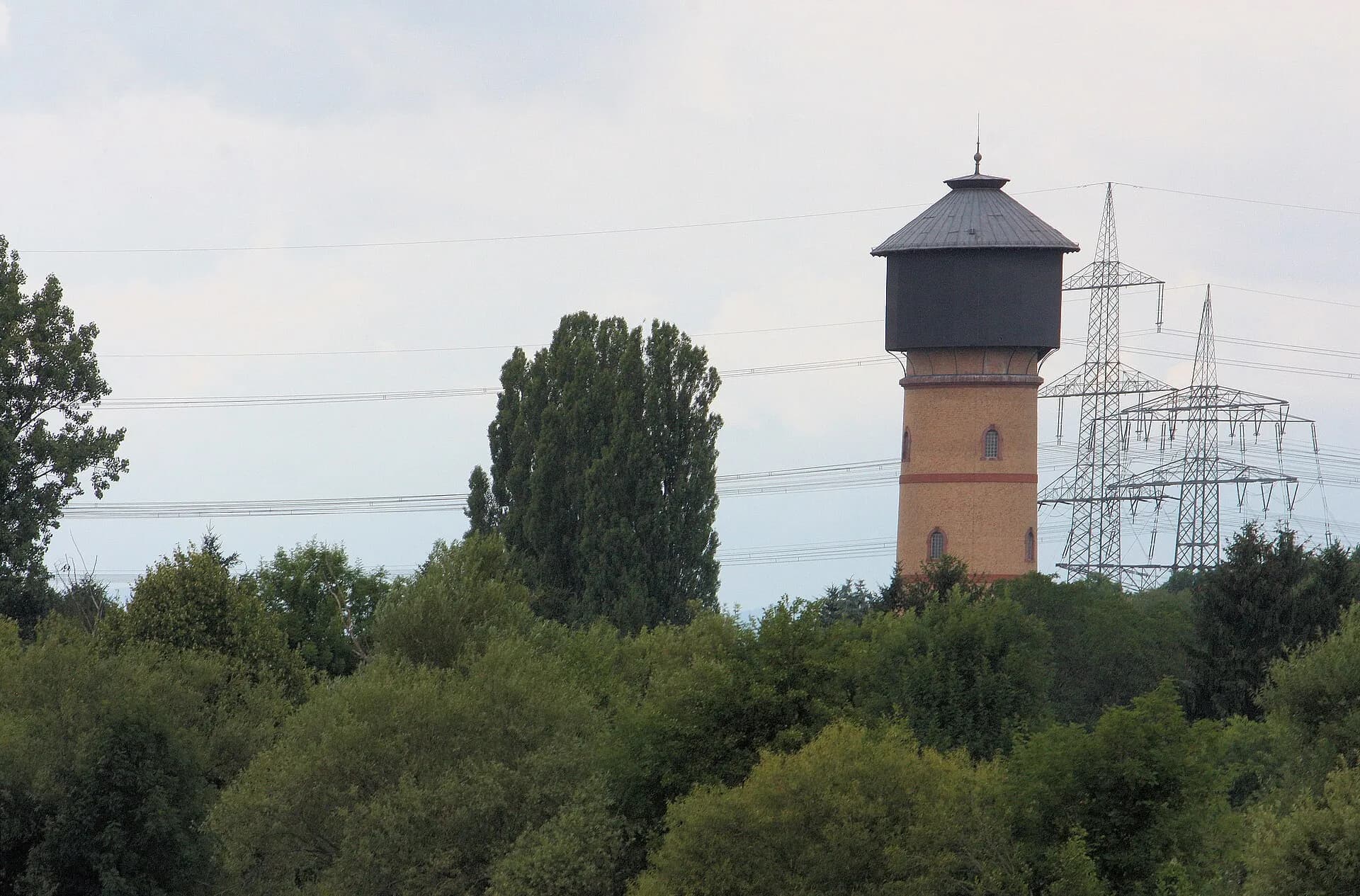 Wasserturm über den Baumwipfeln in Maintal-Dörnigheim
