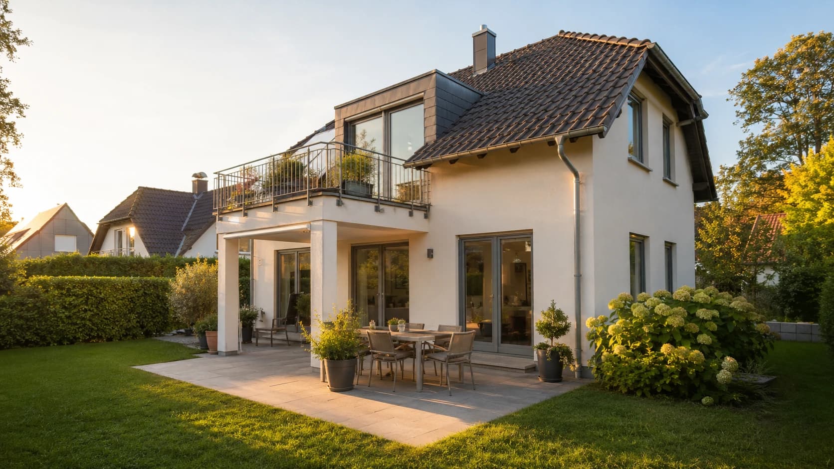 Hausbewertung für ein freistehendes Einfamilienhaus mit Balkon und Terrasse im Abendlicht