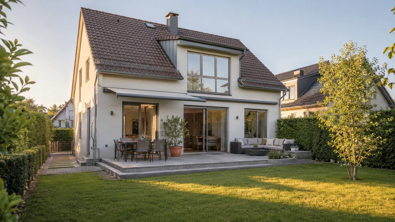 Wertermittlung für ein Satteldach-Haus mit großer Fensterfront und gepflegtem Garten