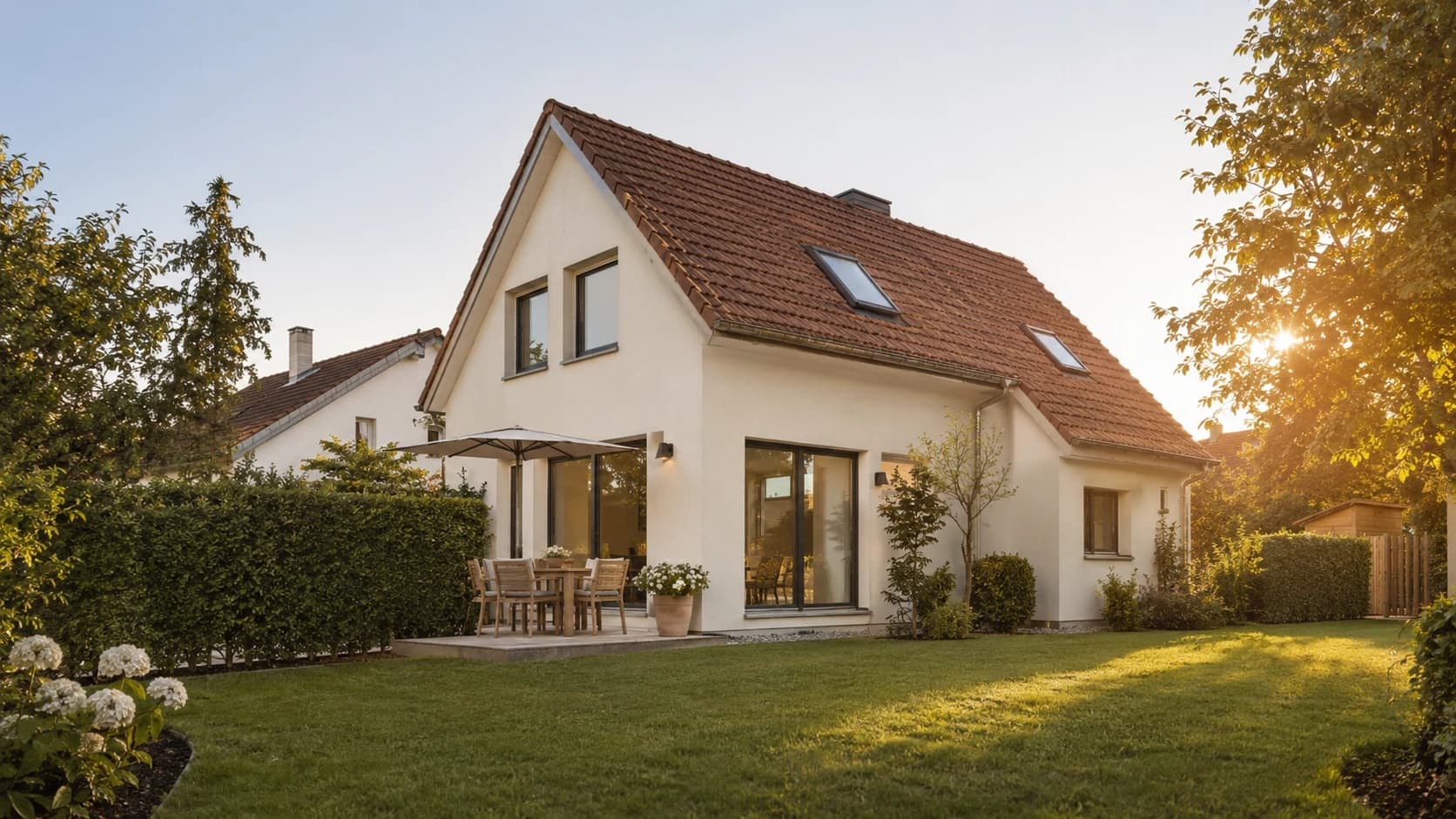 Marktwert eines klassischen Einfamilienhauses mit Ziegeldach und sonniger Gartenterrasse