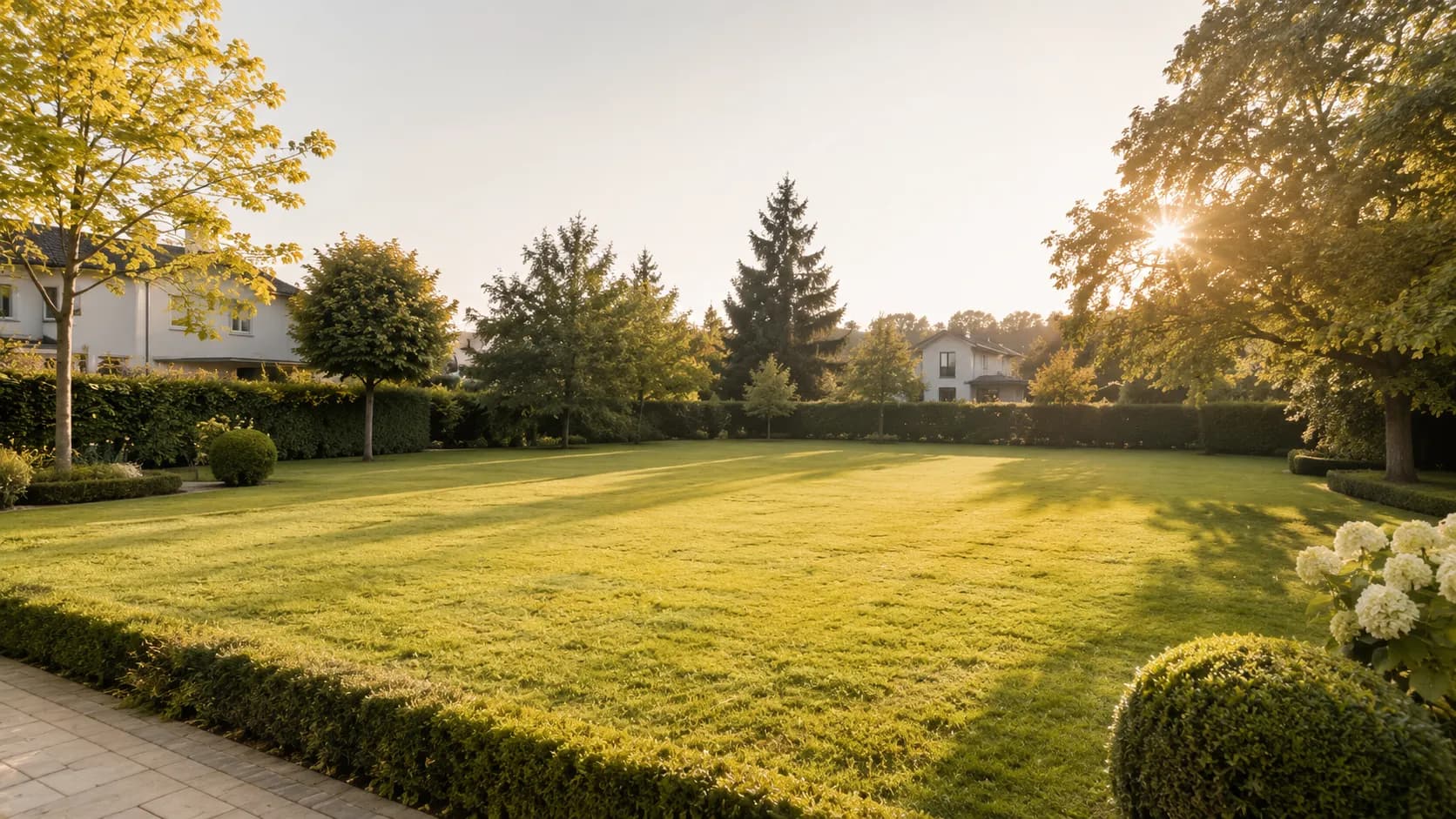 Großes Grundstück mit gepflegtem Rasen im Abendlicht