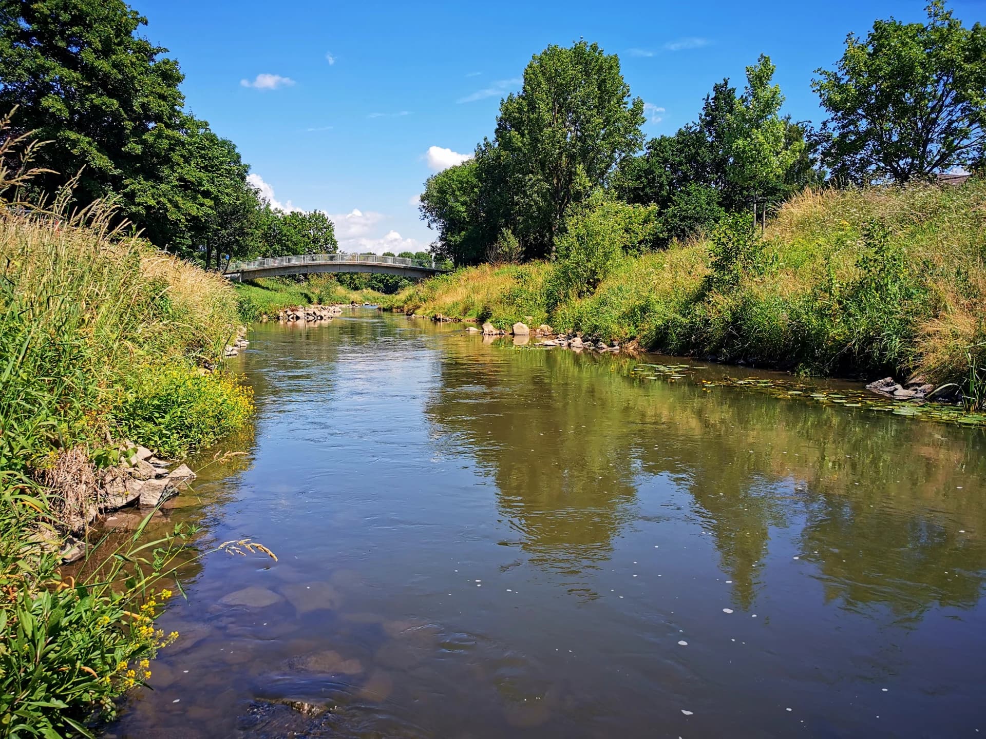 Die Nidda mit Fußgängerbrücke in Karben
