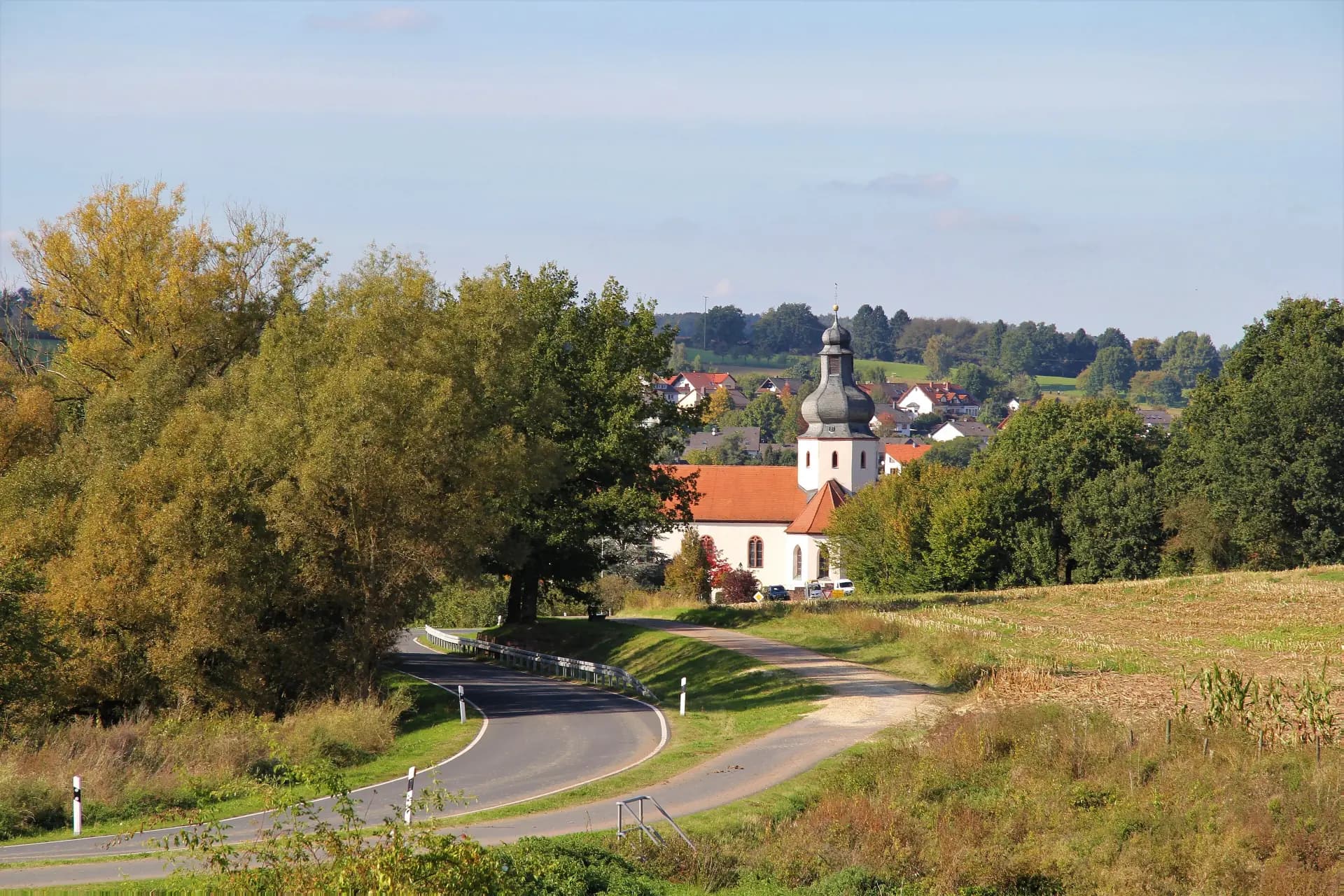 Blick über Wiesen auf Schöllkrippen mit Kirche