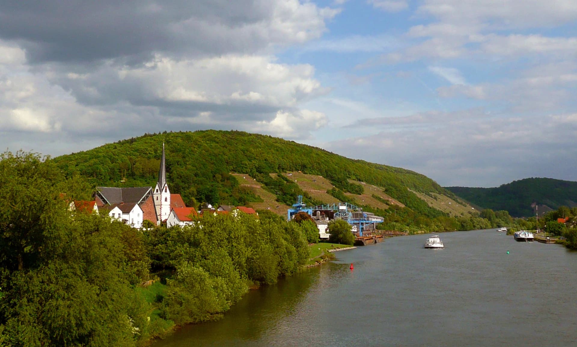 Blick über den Main auf Erlenbach am Main mit Pfarrkirche und Weinbergen