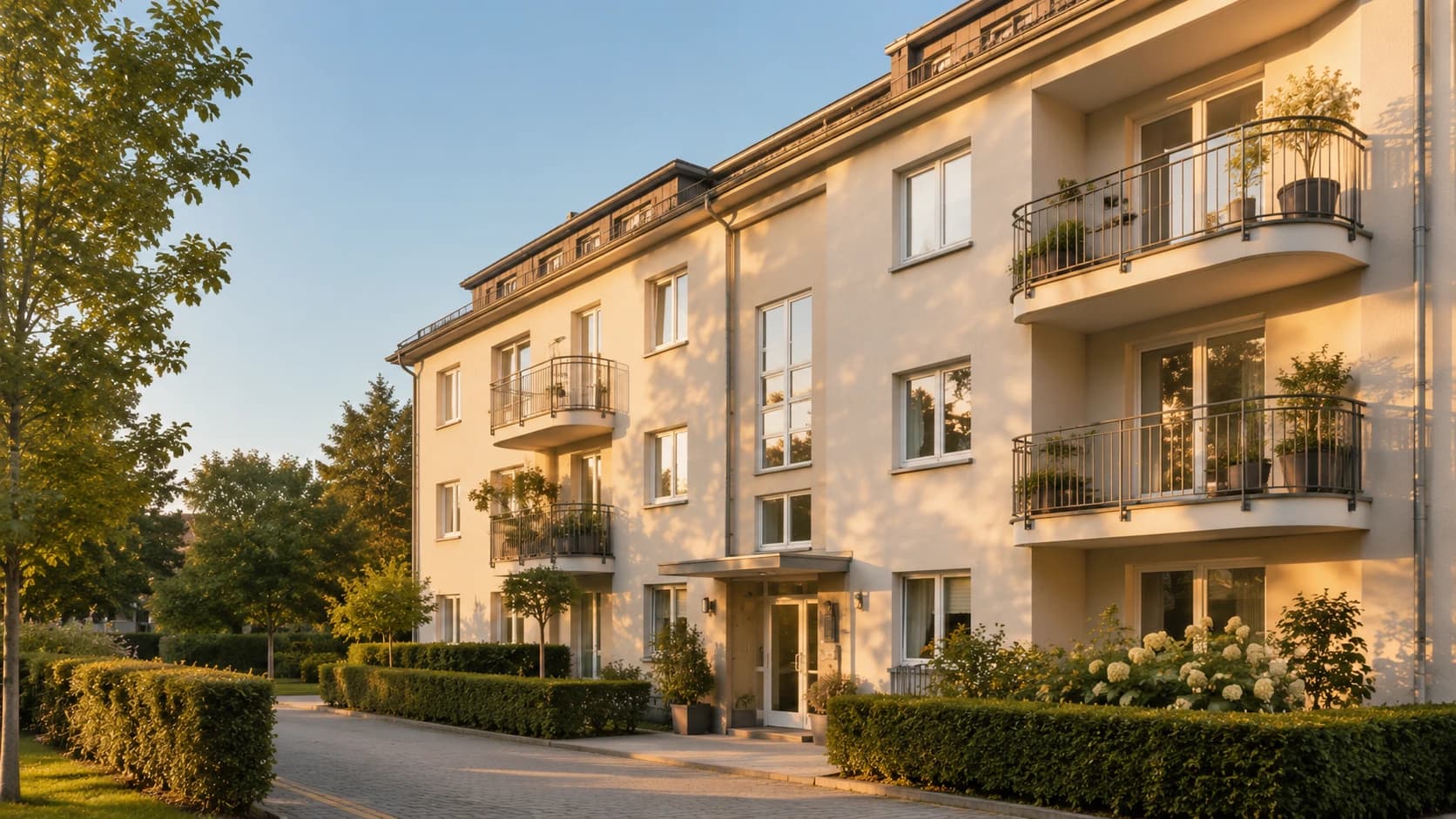 Immobilienbewertung für ein modernes Mehrfamilienhaus mit bepflanzten Balkonen im Abendlicht