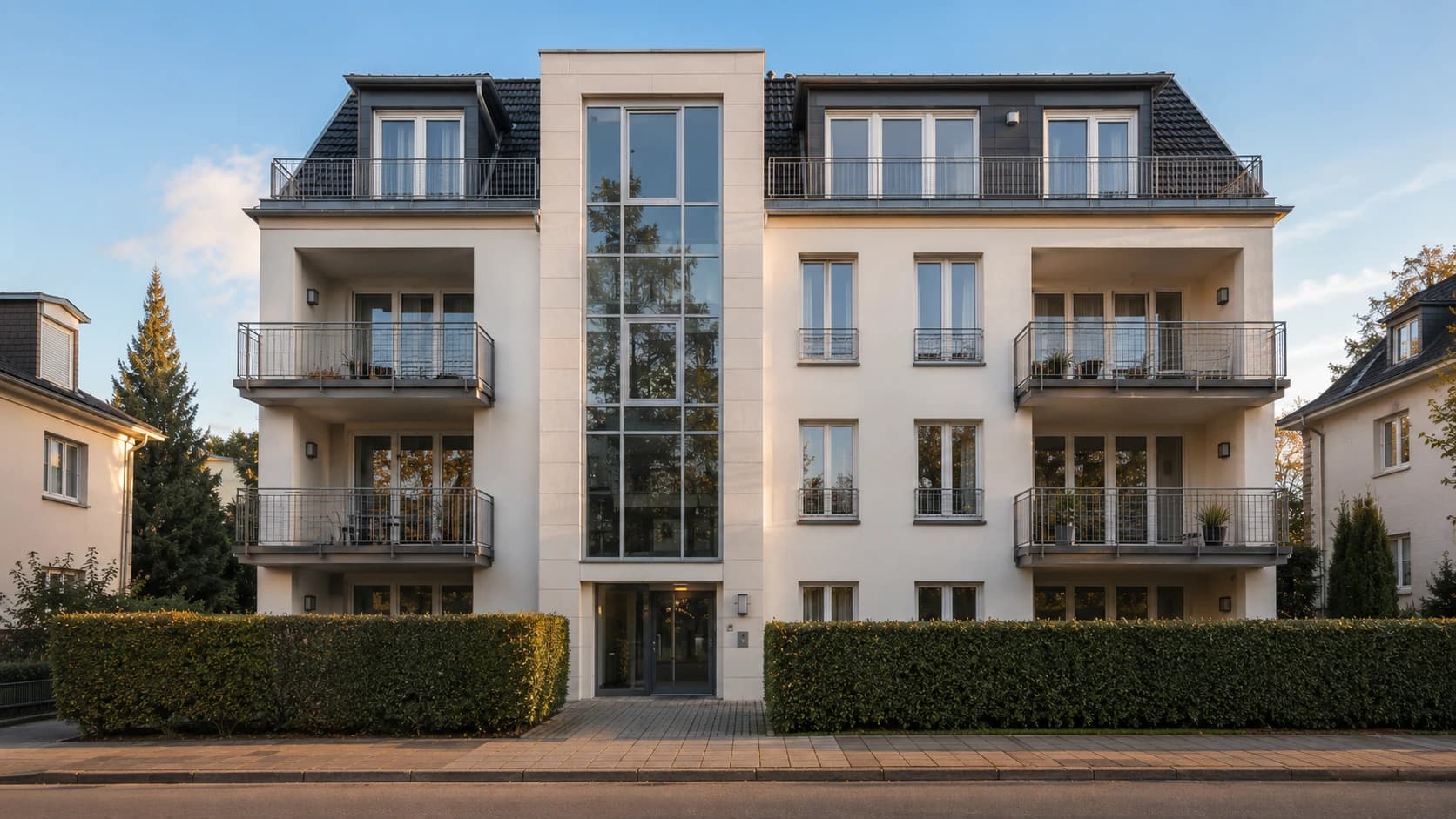 Marktwert eines neuwertigen Mehrfamilienhauses mit Glasfassade und Balkonen bestimmen