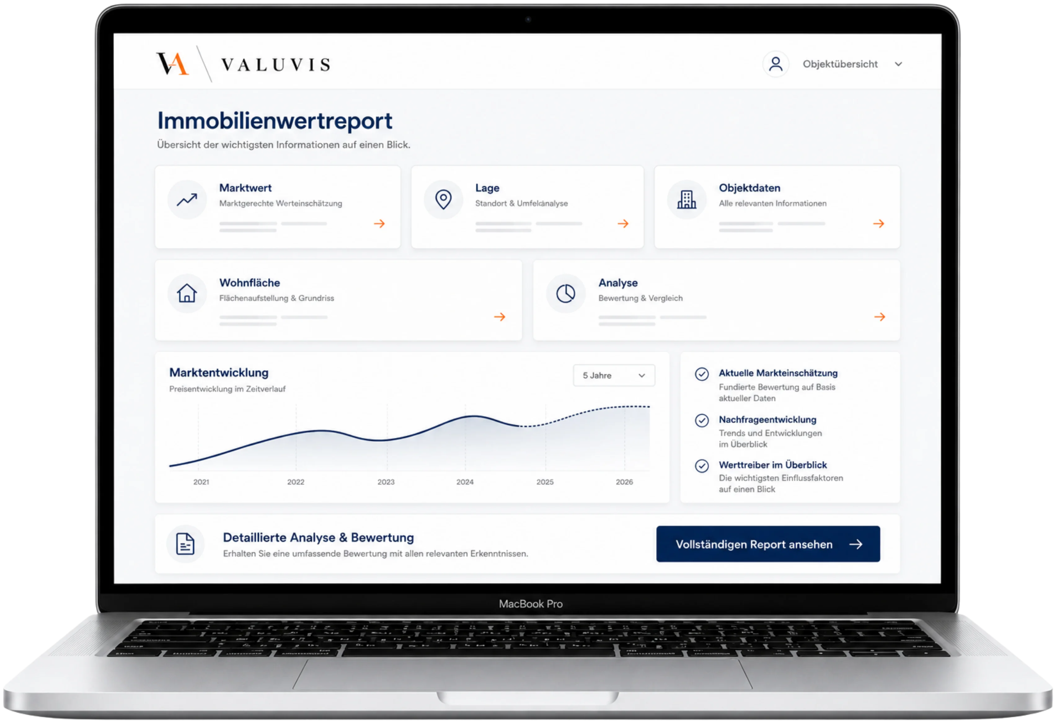 Immobilienwertreport auf dem Laptop – kostenlose Immobilienbewertung mit Valuvis