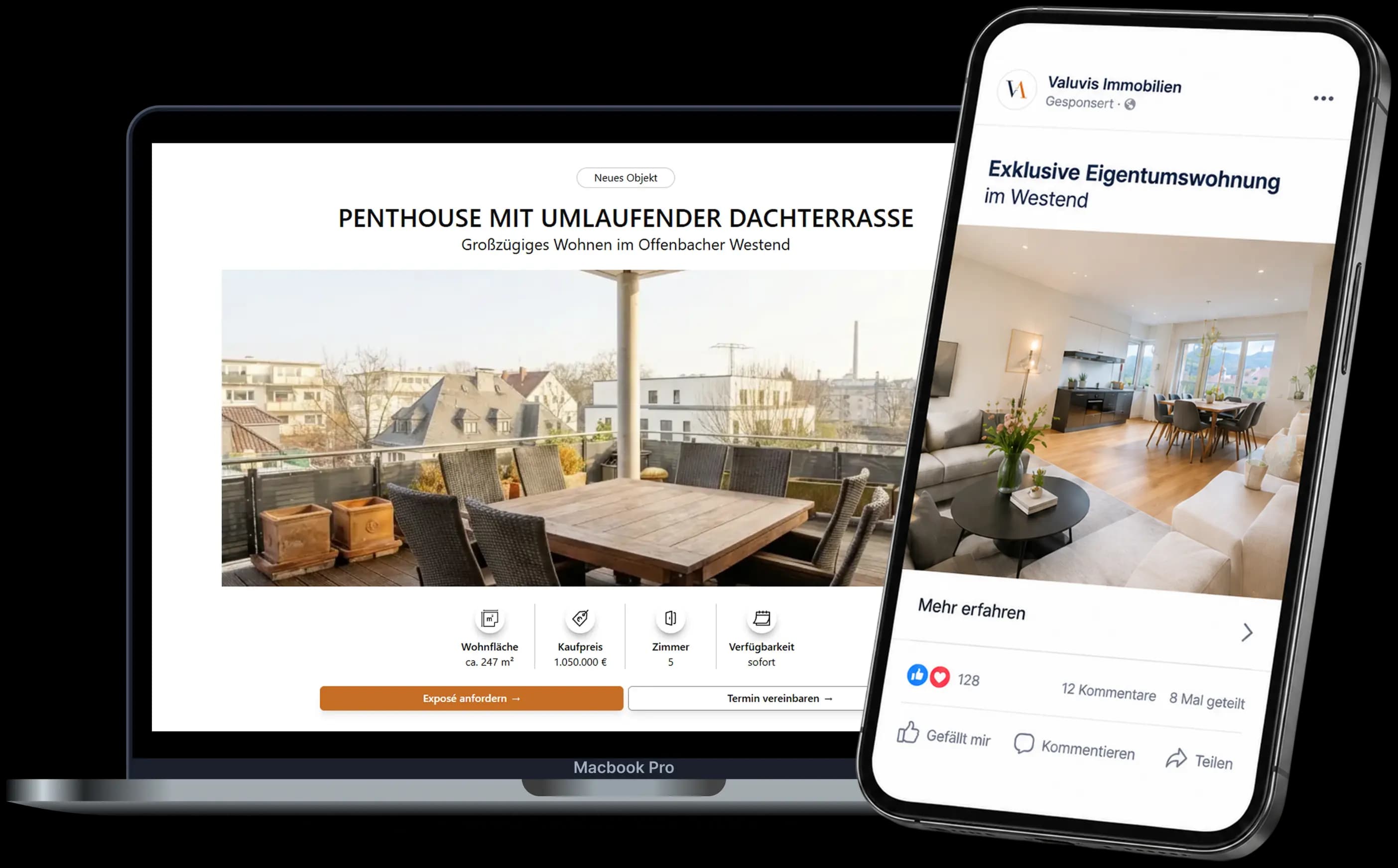 Objektseite auf dem Laptop und Werbeanzeige auf dem Smartphone – gezielte Immobilienvermarktung mit Novascale