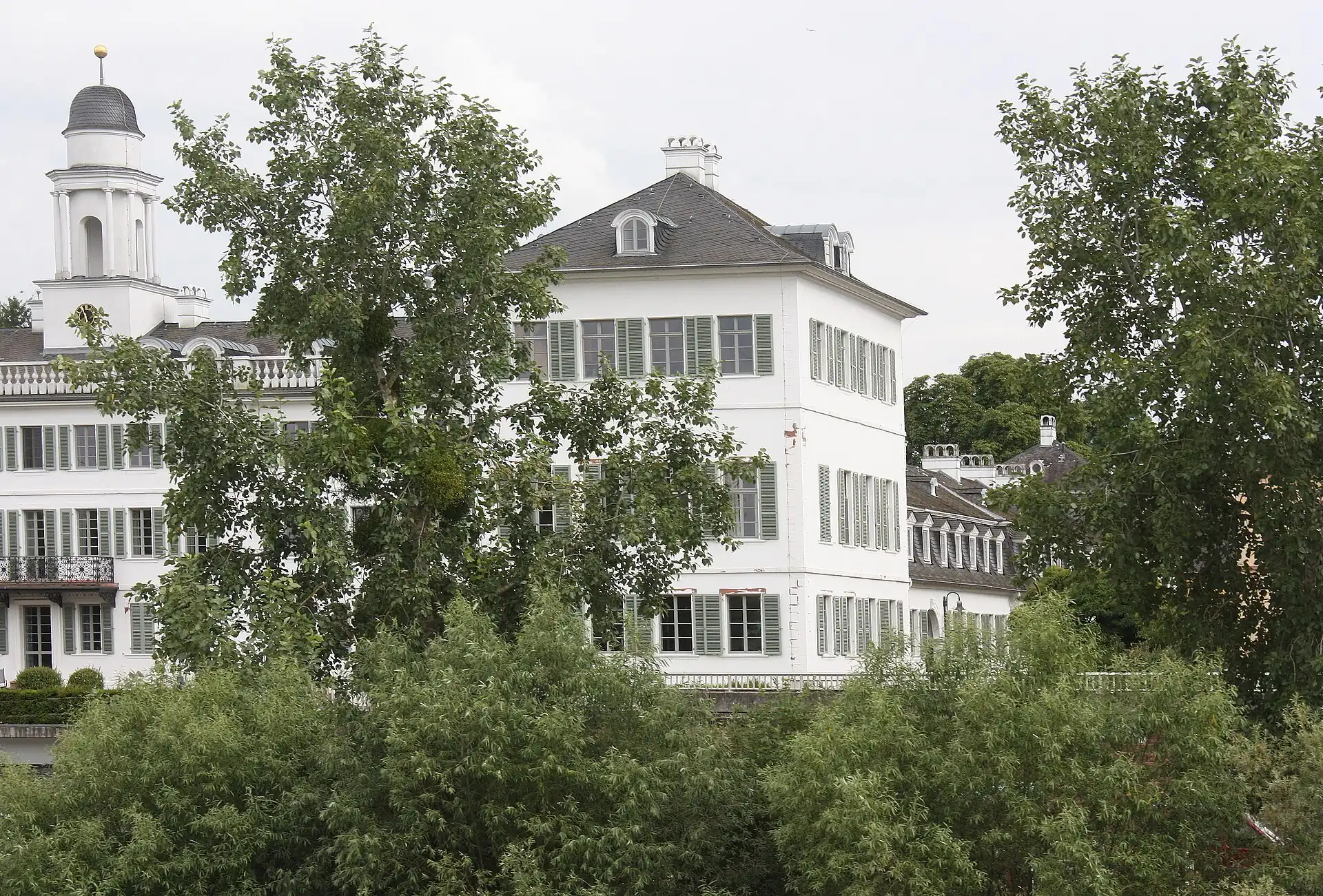 Rumpenheimer Schloss hinter Uferbäumen in Offenbach-Rumpenheim