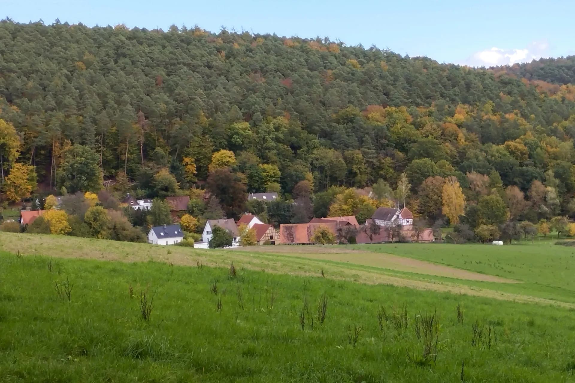 Blick über die Wiesen auf den Ortsteil Nauses mit dem Schloss in Otzberg