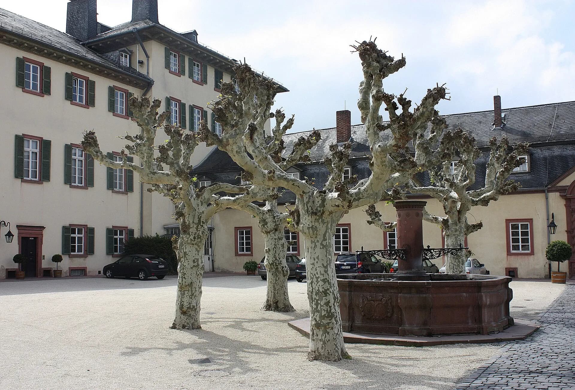 Brunnen im oberen Schlosshof zwischen Platanen in Bad Homburg