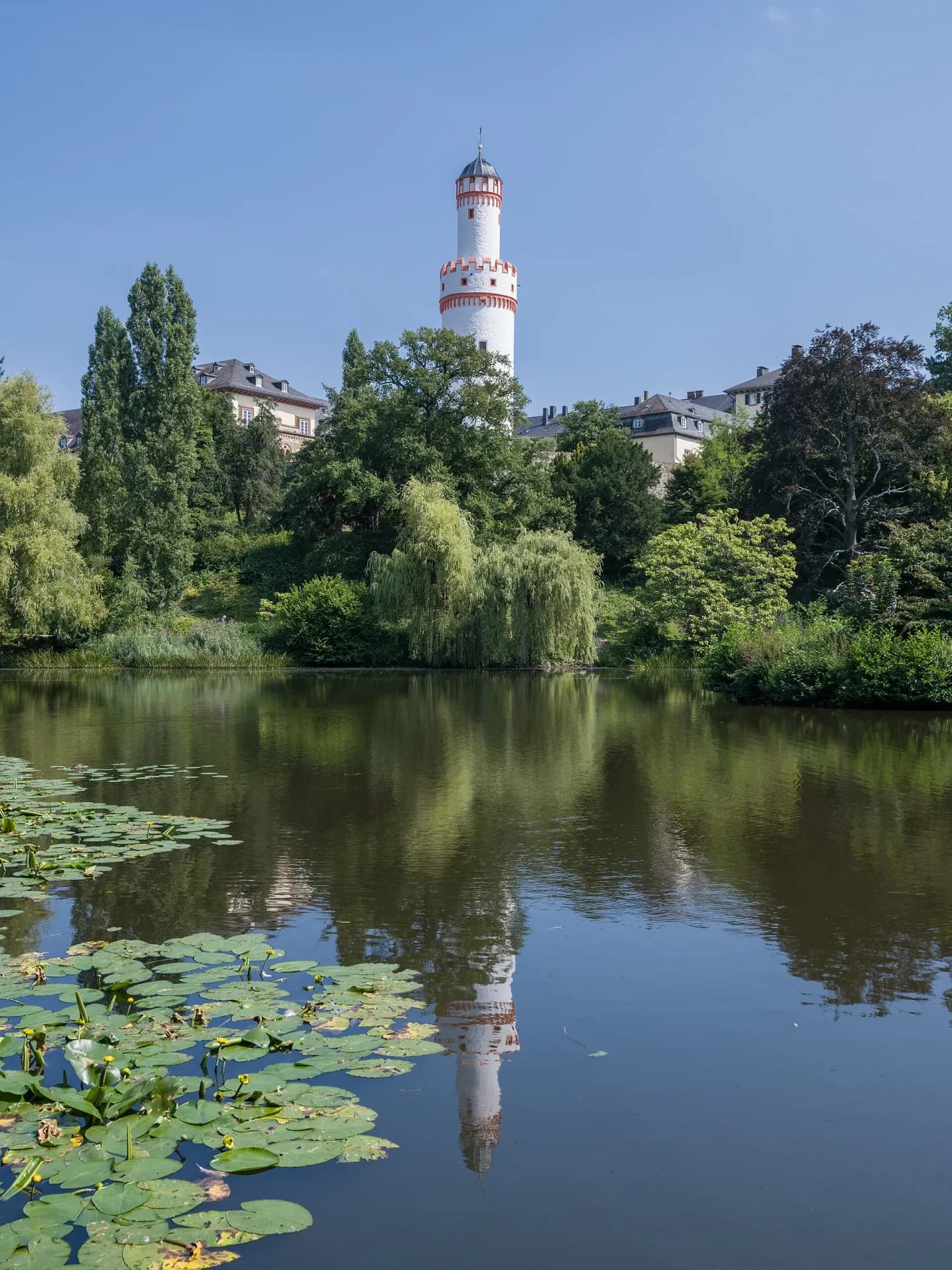 Weißer Turm über dem Seerosenteich im Schlosspark in Bad Homburg