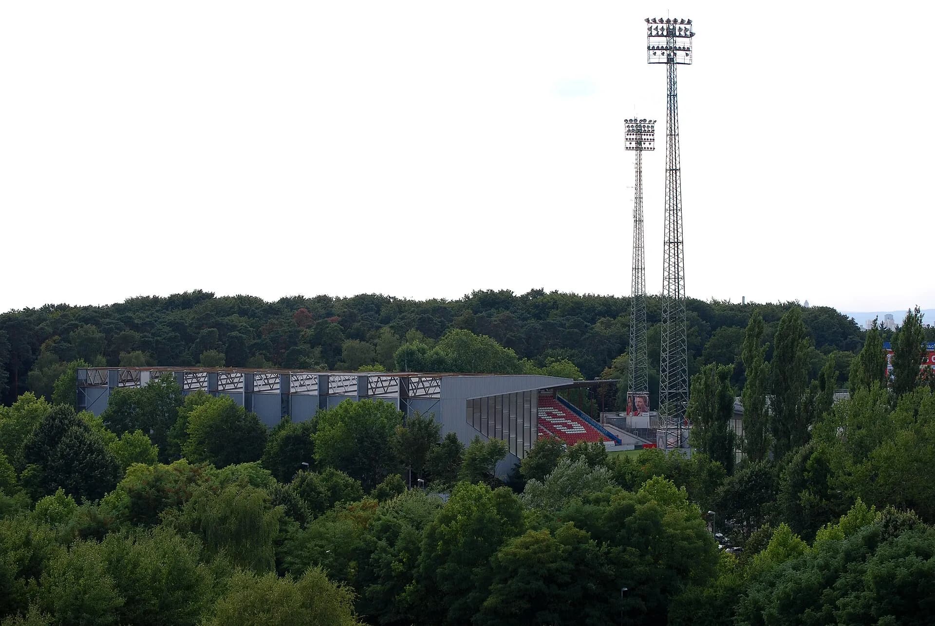 Blick auf den bewaldeten Bieberer Berg mit dem Flutlicht des Stadions in Offenbach
