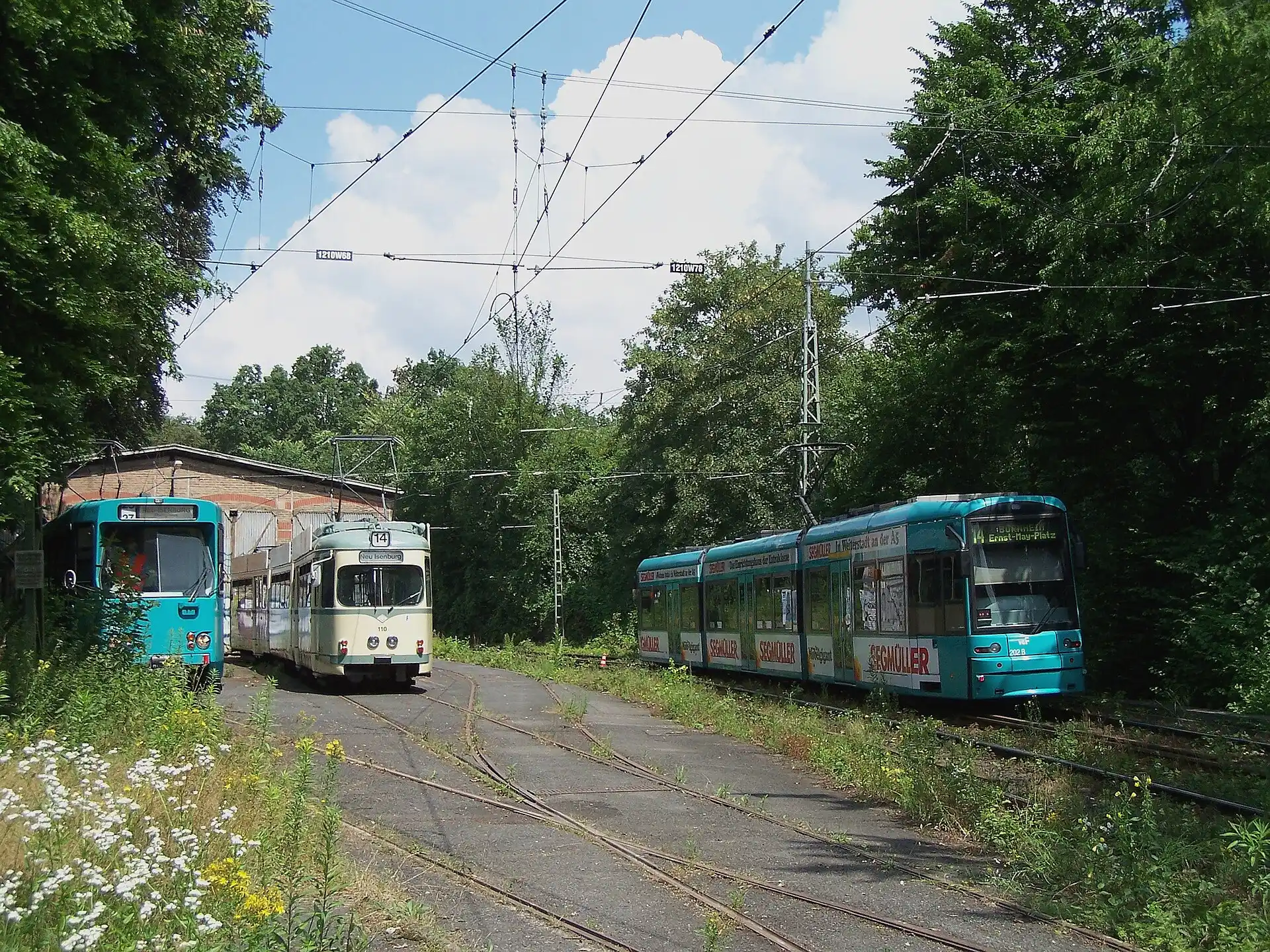 Abgestellte Straßenbahnwagen an der Waldbahn-Wagenhalle in Neu-Isenburg