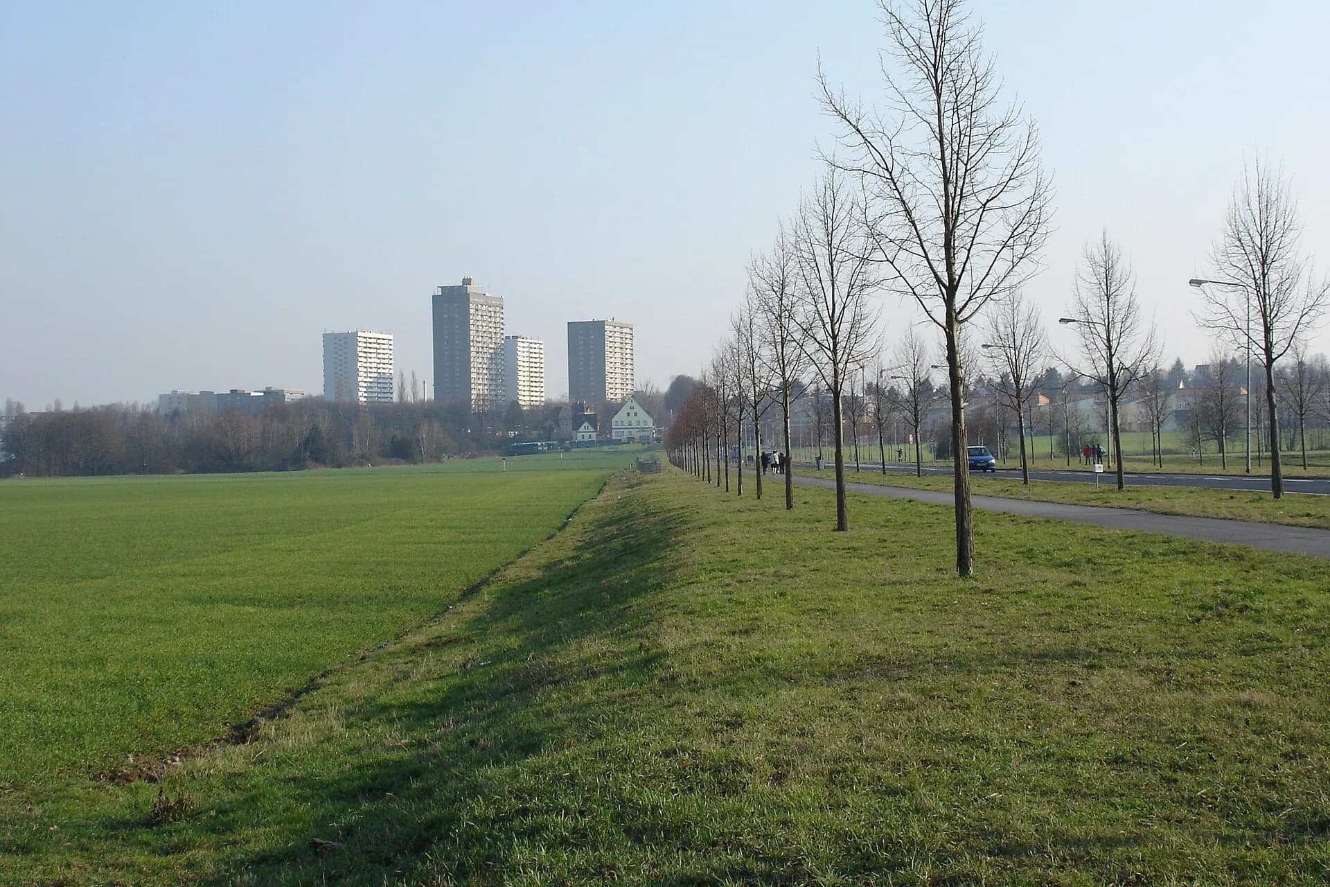 Wiese an der Nidda mit Wohnhochhaus in Frankfurt am Main