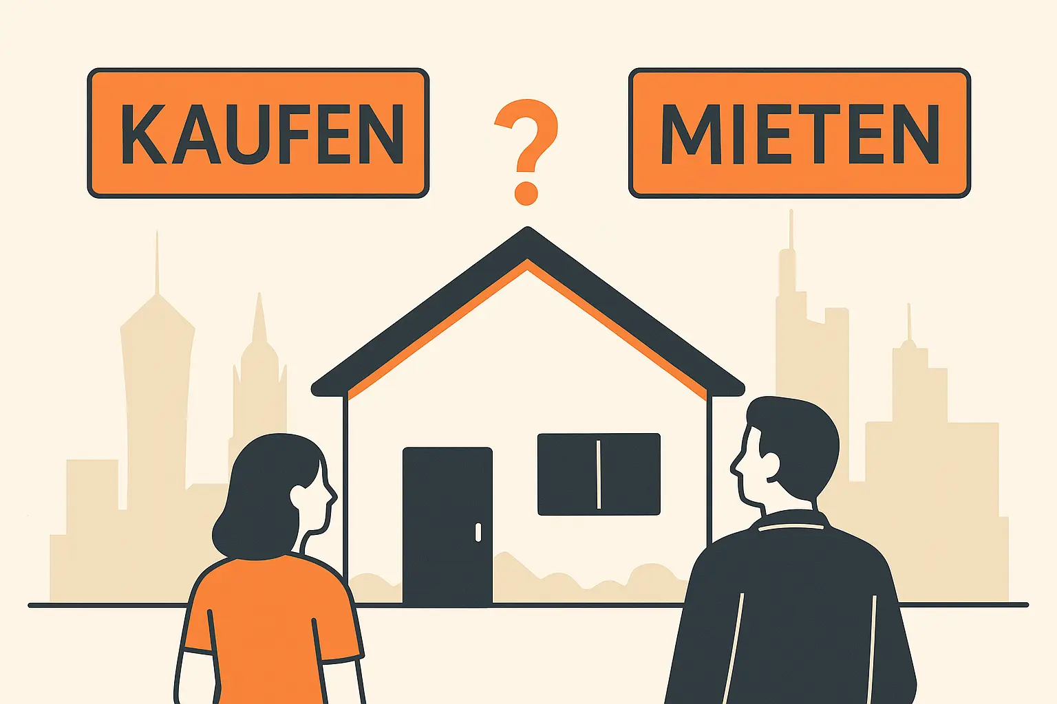 Immobilien kaufen und mieten Illustration im Flat Design zeigt eine stilisierte Szene mit einem Haus, Frankfurt-Skyline im Hintergrund und einem Mann, der zwischen den Optionen "Kaufen" und "Mieten" abwägt.