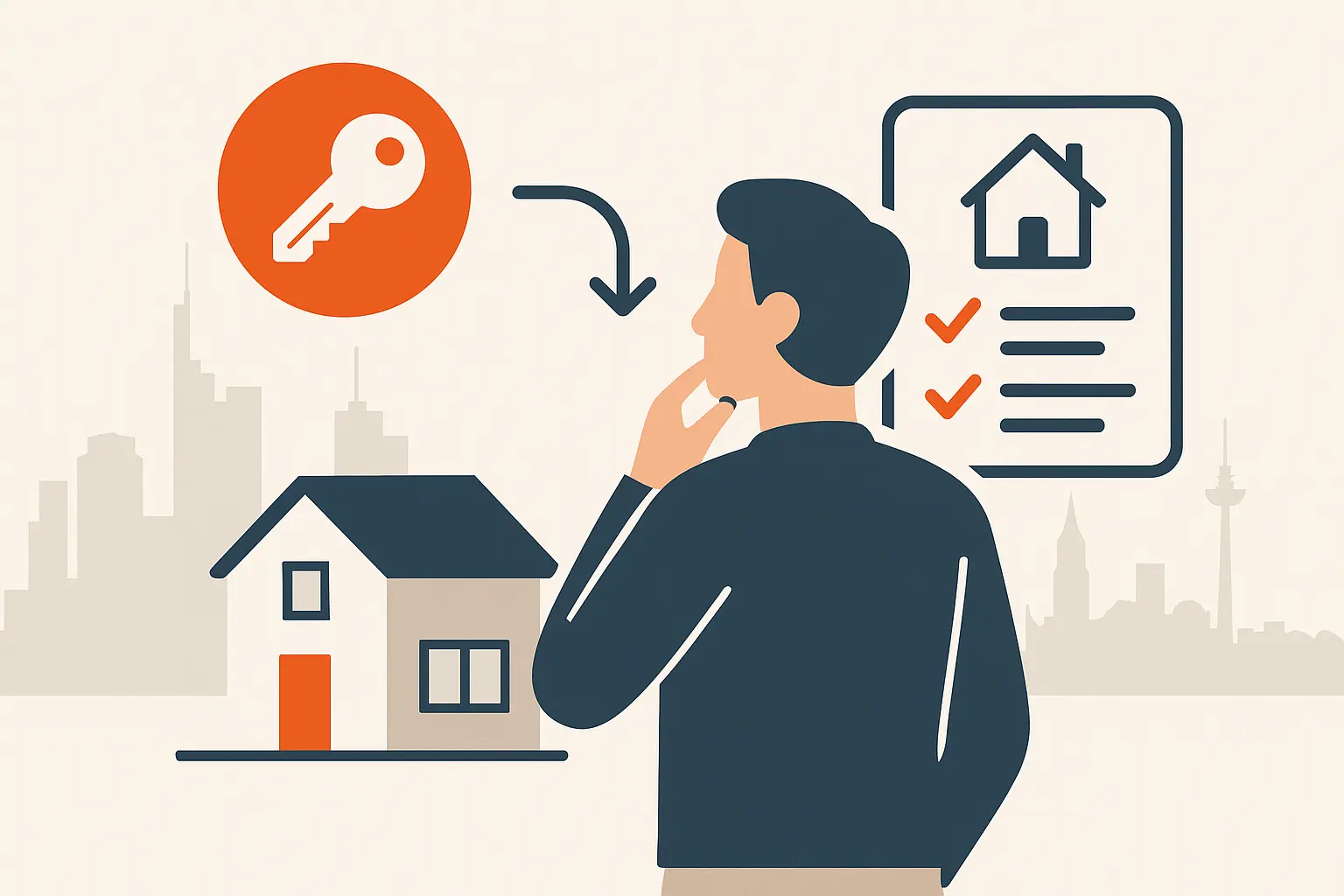 Immobilien kaufen in Frankfurt Flat-Design-Illustration eines modernen Hauses mit Schlüssel-Icon und Checkliste. Im Hintergrund eine abstrahierte Skyline von Frankfurt und eine Person, die über den Hauskauf nachdenkt.