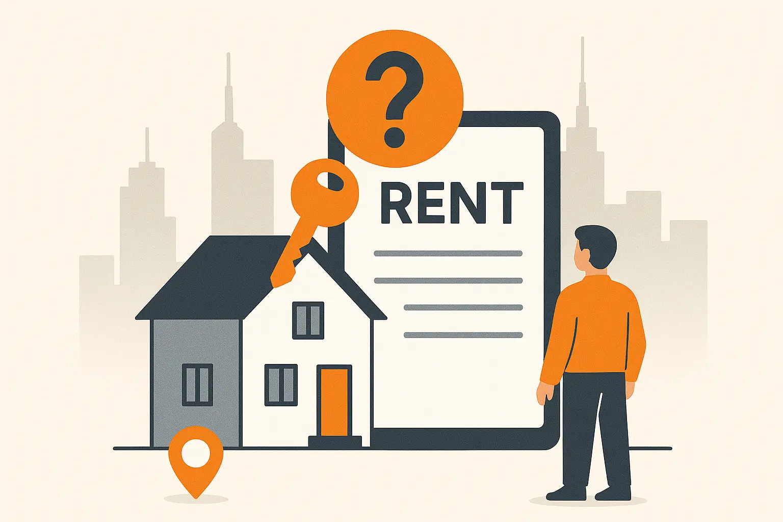 Immobilien mieten in Frankfurt Flat-Design-Grafik mit Haus-Icon und "RENT"-Papier unter einem Fragezeichen. Eine Person steht grübelnd daneben, Frankfurt-Silhouette im Hintergrund, Farben in Dunkelgrau, Beige und Orange.