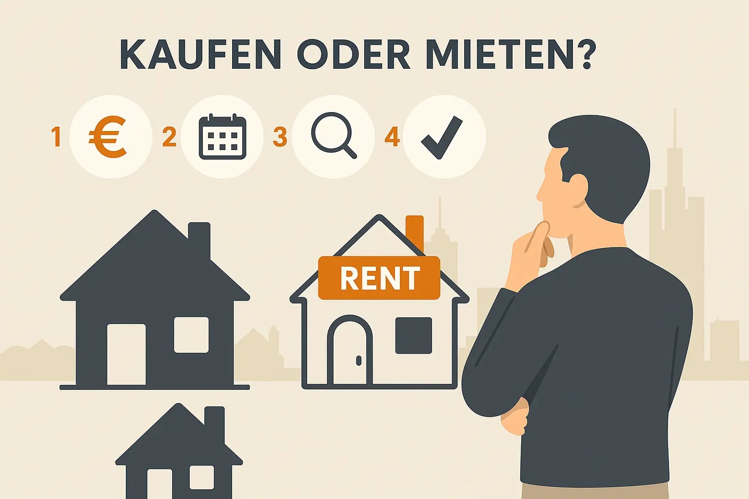Immobilien kaufen oder mieten in Frankfurt Flat-Design-Grafik mit stilisierter Figur, die über zentrale Entscheidungskriterien nachdenkt – Finanzen, Lebensplanung, Marktlage, persönliche Präferenz. Im Hintergrund eine abstrahierte Skyline von Frankfurt.