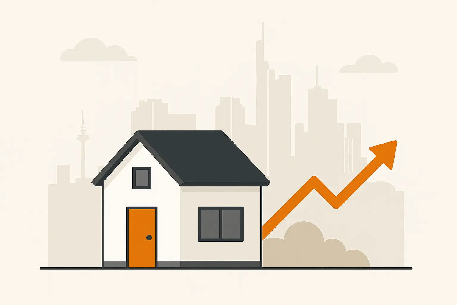 Immobilienkauf Frankfurt Vorteile Flat-Design-Grafik eines Hauses mit orangefarbener Haustür und Wachstumspfeil. Im Hintergrund die abstrahierte Skyline von Frankfurt – Symbol für Wertstabilität, Eigentum und Zukunftssicherheit.