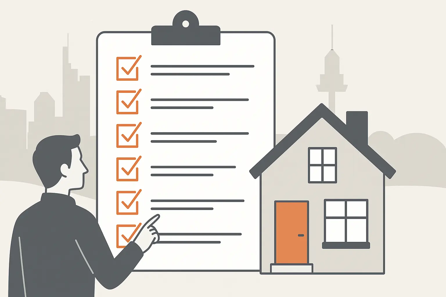Immobilienkauf Frankfurt Schritte Flat-Design-Illustration mit Checkliste und stilisiertem Haus. Ein Mann zeigt auf einen Schritt der Liste, im Hintergrund die Frankfurter Skyline – symbolisiert den strukturierten Ablauf des Immobilienkaufs von Planung bis Schlüsselübergabe.