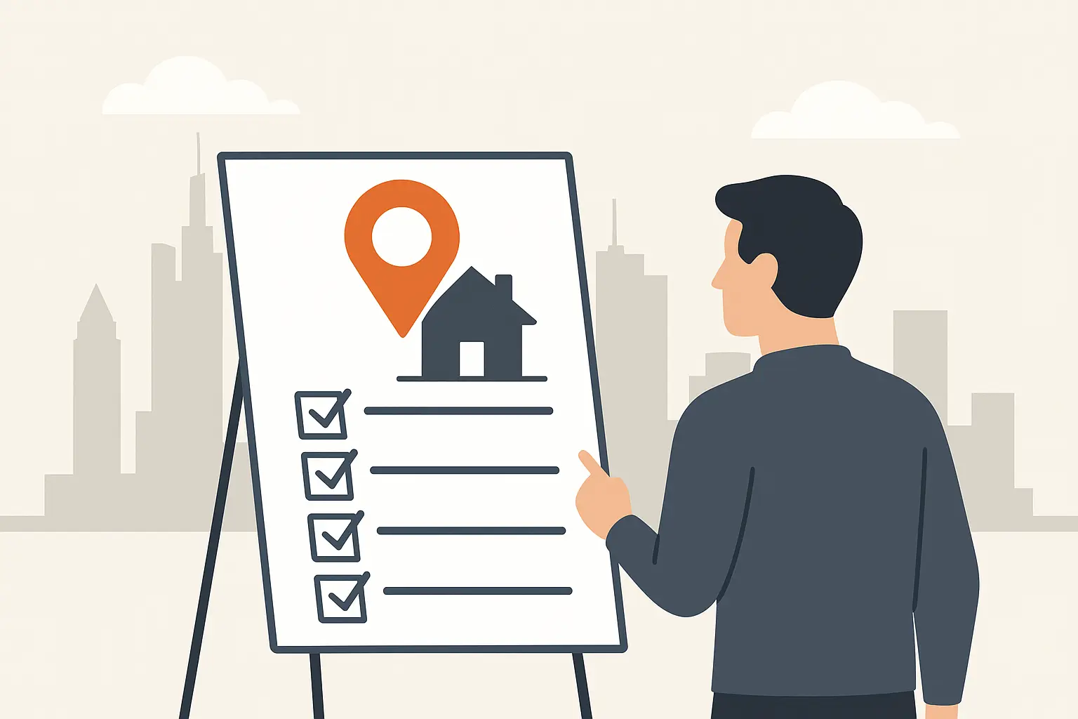 Immobilienkauf Frankfurt Marktbesonderheiten Flat-Design-Illustration eines Mannes vor einer Präsentationstafel mit Checkliste und Standortmarker über einem Haus. Im Hintergrund die stilisierte Skyline von Frankfurt – symbolisiert Marktkenntnis, Vielfalt und Beratung.