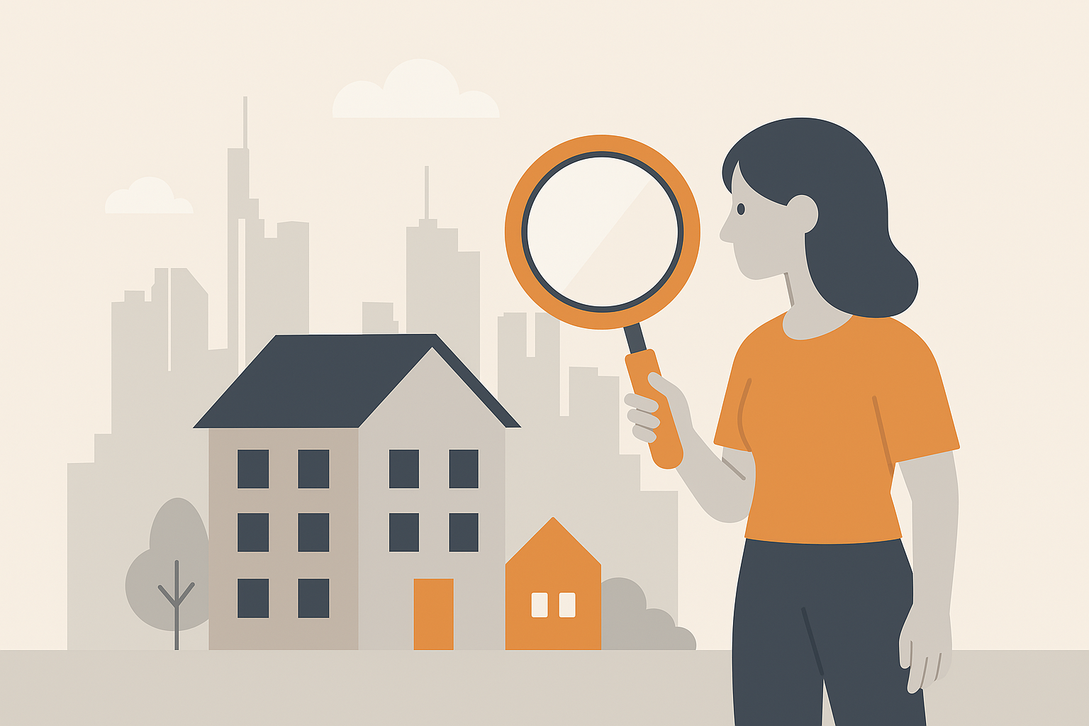 Flat-Design-Illustration einer Frau mit Lupe, die ein stilisiertes Wohnhaus betrachtet. Im Hintergrund die abstrahierte Skyline von Frankfurt – symbolisiert die strukturierte Immobiliensuche in der Region.