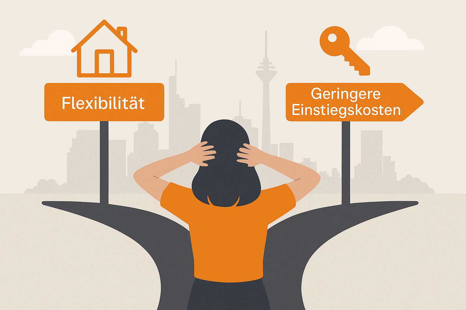 Flat-Design-Illustration einer Frau an einer Weggabelung mit zwei Wegweisern – einer mit Haussymbol für Flexibilität, der andere mit Schlüssel für geringe Einstiegskosten. Im Hintergrund die abstrahierte Skyline von Frankfurt.