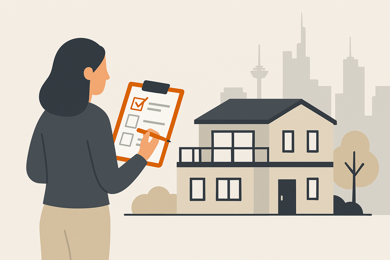 Flat-Design-Illustration einer Frau mit Checkliste und Stift vor einem modernen Wohnhaus, im Hintergrund die abstrahierte Skyline von Frankfurt – symbolisiert die systematische Immobiliensuche zur Miete.