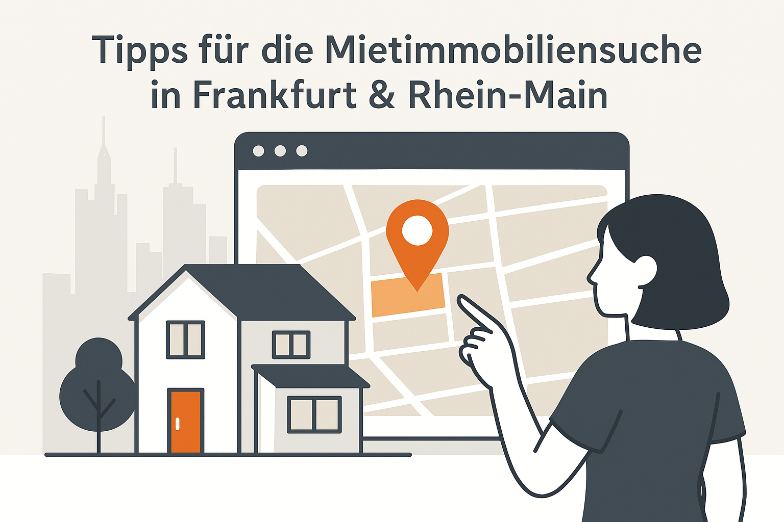 Flat-Design-Illustration einer Frau bei der digitalen Immobiliensuche. Sie betrachtet eine Karte mit Wohnsymbolen, daneben ein modernes Haus, im Hintergrund die stilisierte Skyline von Frankfurt – symbolisiert effiziente Mietsuche und professionelle Unterstützung.