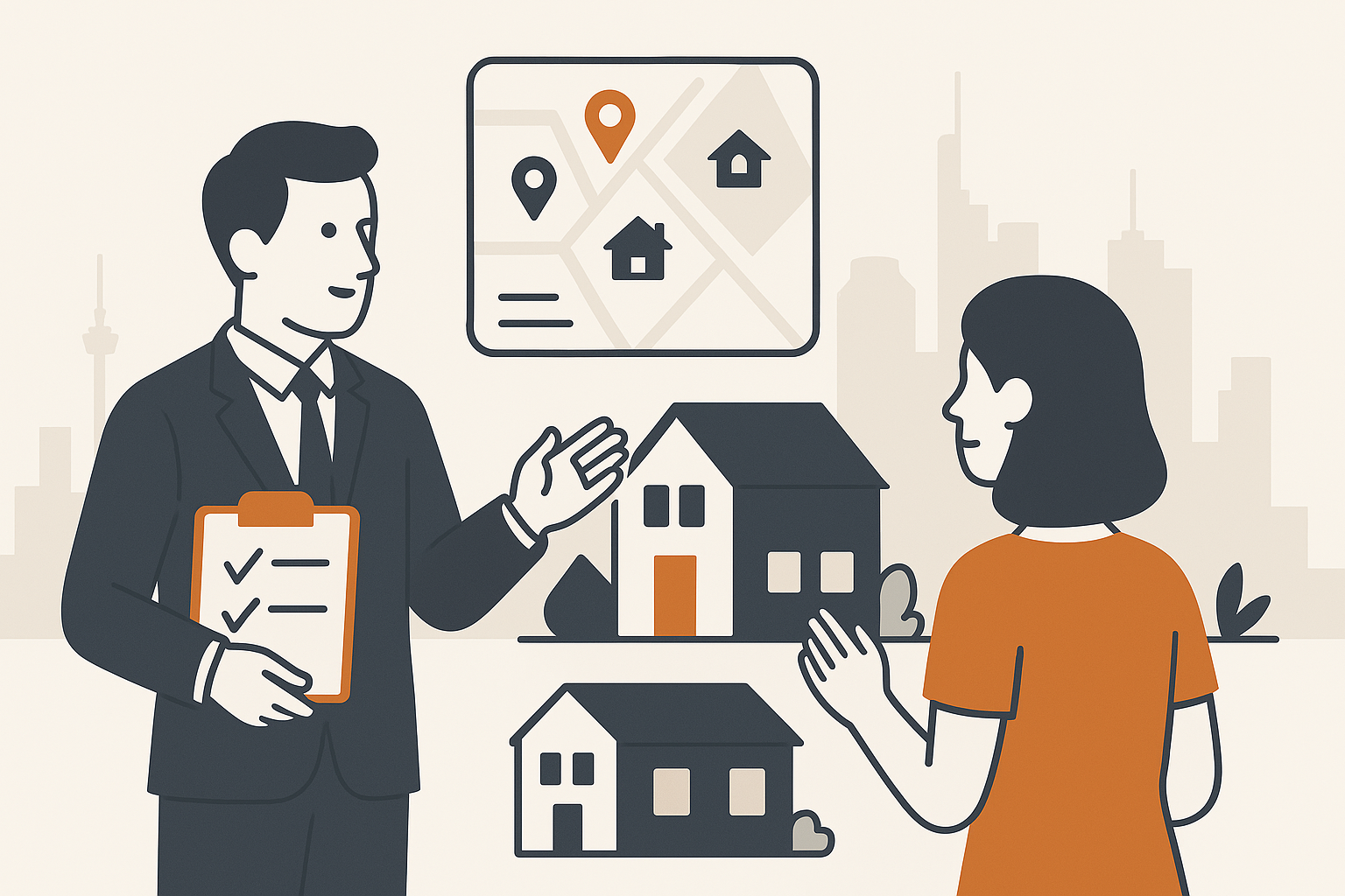 Flat-Design-Illustration eines Immobilienmaklers im Gespräch mit einer Mietinteressentin. Dazwischen Symbole für Wohnungsangebote und Standortmarker, im Hintergrund die abstrahierte Skyline von Frankfurt – symbolisiert persönliche Beratung und Marktkenntnis.