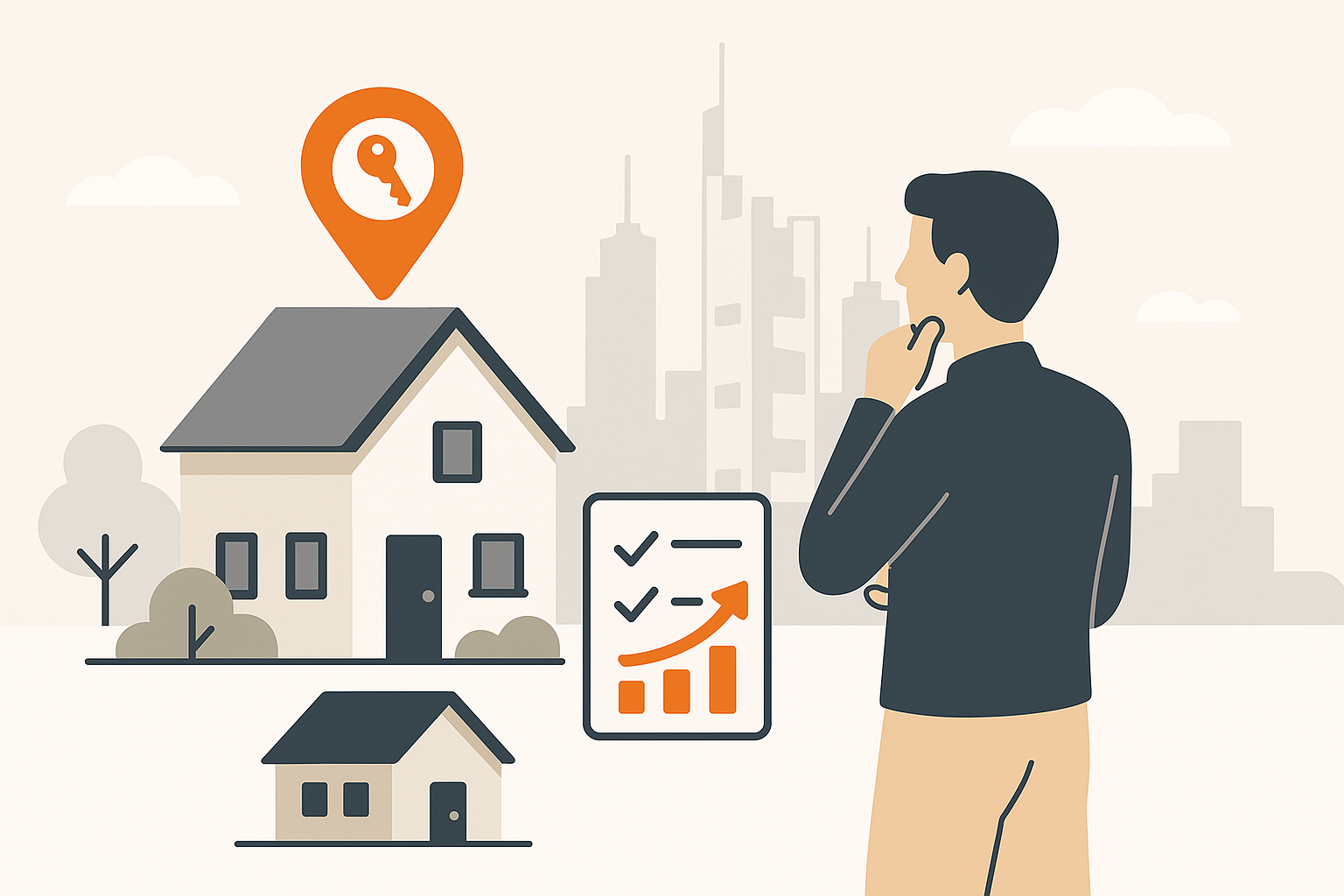 Immobilie verkaufen Frankfurt Flat-Design-Illustration einer Person, die vor einem Haus mit Checkliste und Aufwärtspfeil steht. Im Hintergrund die abstrahierte Skyline von Frankfurt – symbolisiert den überlegten Einstieg in den Immobilienverkauf.