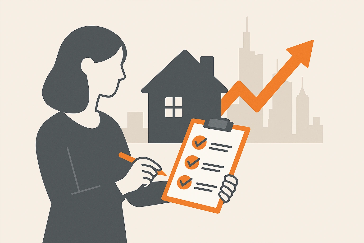 Immobilienverkauf Frankfurt Marktbesonderheiten Chancen Flat-Design-Illustration einer Frau mit Klemmbrett vor einem stilisierten Haus und einem orangefarbenen Aufwärtspfeil. Die abstrahierte Skyline von Frankfurt im Hintergrund – symbolisiert die Dynamik und das Potenzial des Immobilienmarkts.