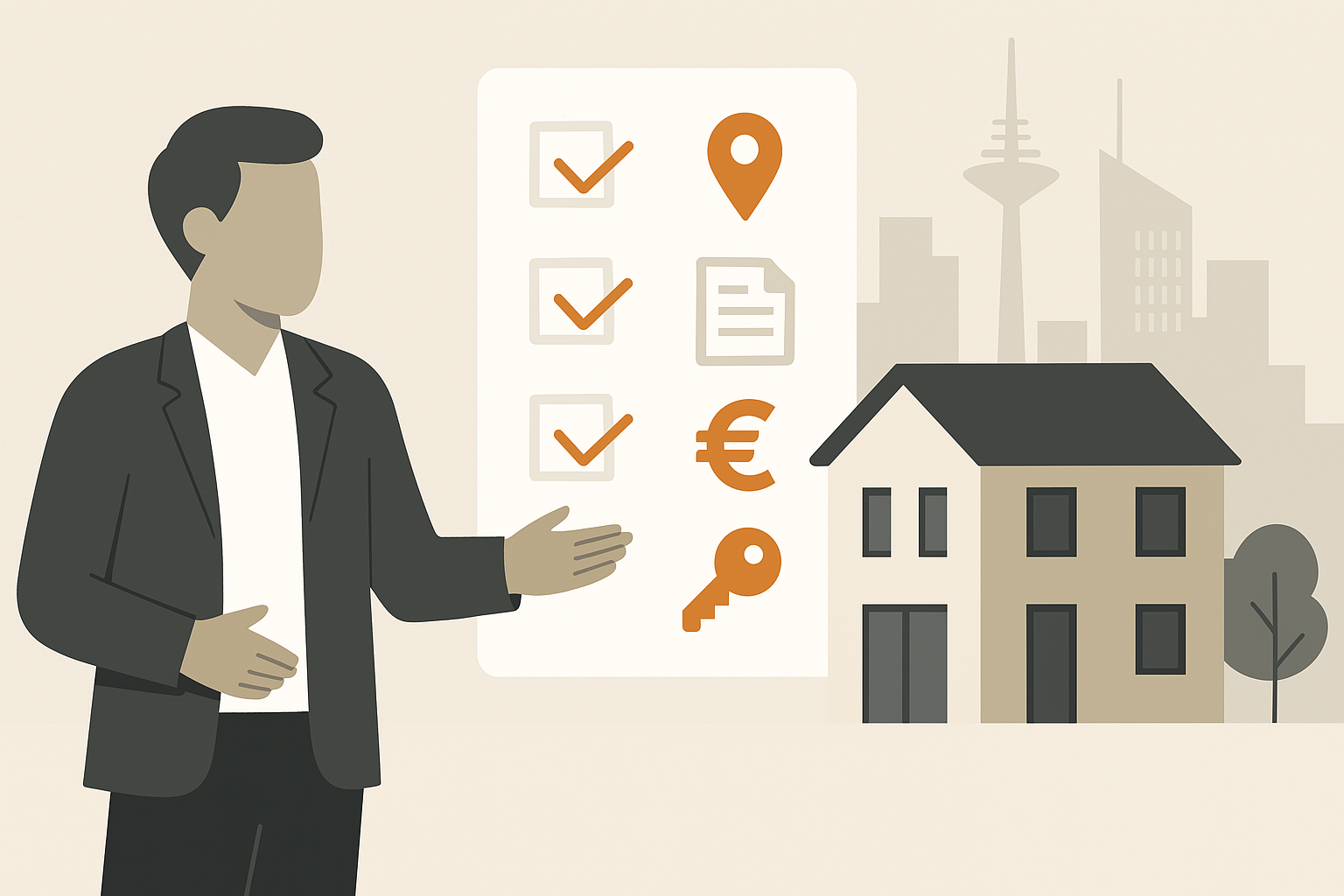 Immobilie verkaufen Frankfurt Schritte Prozess Checkliste Flat-Design-Illustration eines Immobilienprofis mit einer symbolhaften Checkliste, bestehend aus Icons für alle wichtigen Schritte des Verkaufsprozesses. Im Hintergrund ein modernes Wohnhaus und die abstrahierte Skyline von Frankfurt – symbolisiert die strukturierte Vorgehensweise beim Immobilienverkauf.