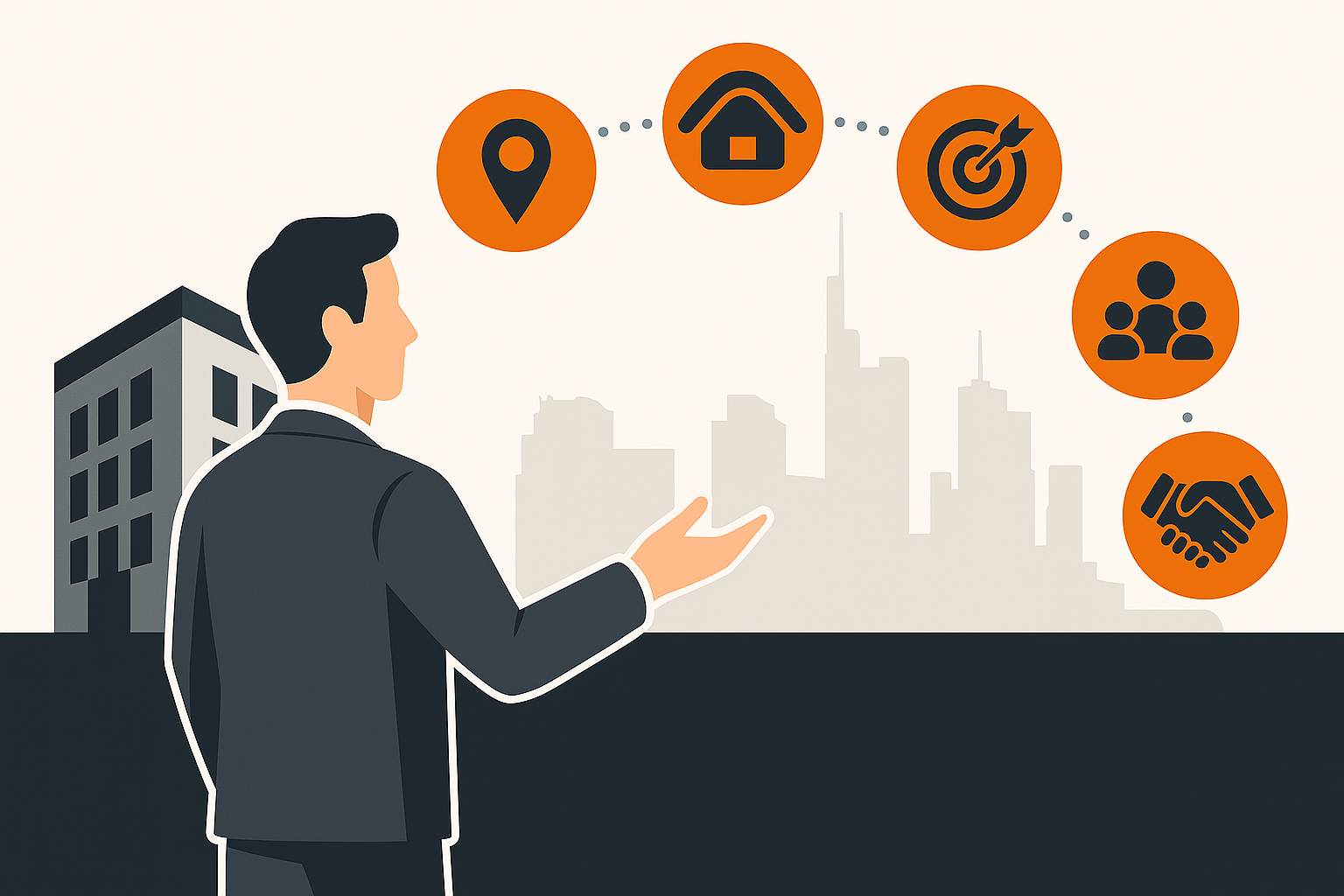 Immobilienverkauf Frankfurt Makler Experte Valuvis Flat-Design-Illustration eines Maklers mit Symbolen für Standort, Erfolg, Gemeinschaft und Immobilien vor der stilisierten Skyline von Frankfurt – symbolisiert die lokale Expertise und umfassende Unterstützung durch Valuvis.