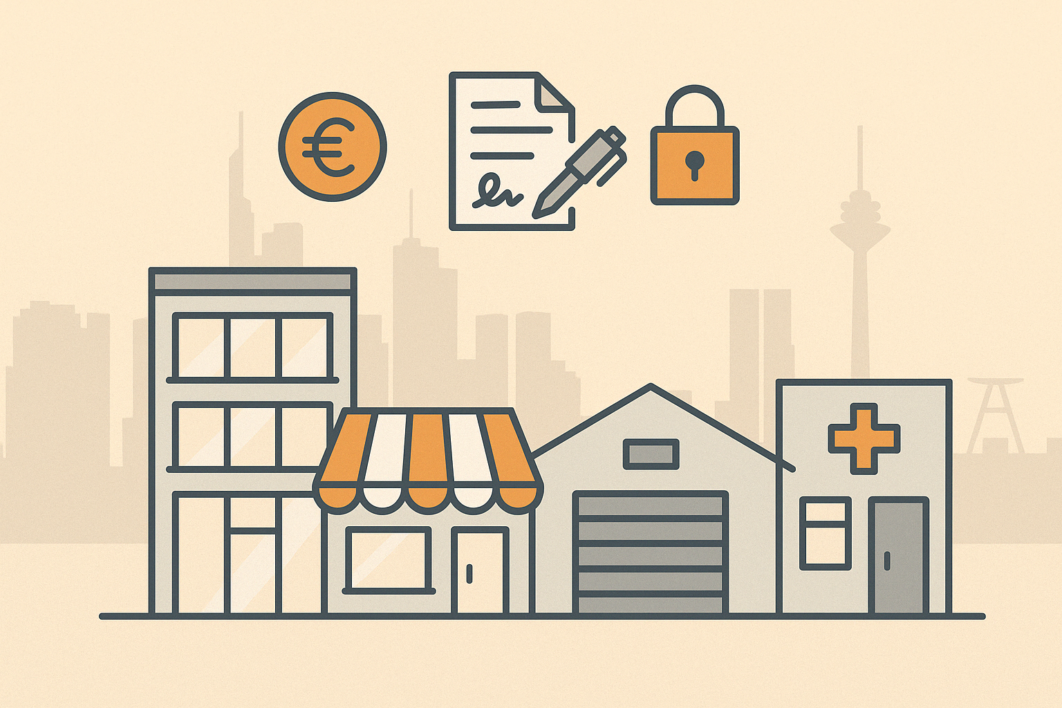 Flat Design Illustration mit Bürohaus, Ladenfläche, Lagerhalle und Praxis im Vordergrund, ergänzt durch Icons für Rendite, Vertragsabschluss und Diskretion – mit Frankfurter Skyline im Hintergrund als Symbol für den professionellen Gewerbeimmobilienverkauf.