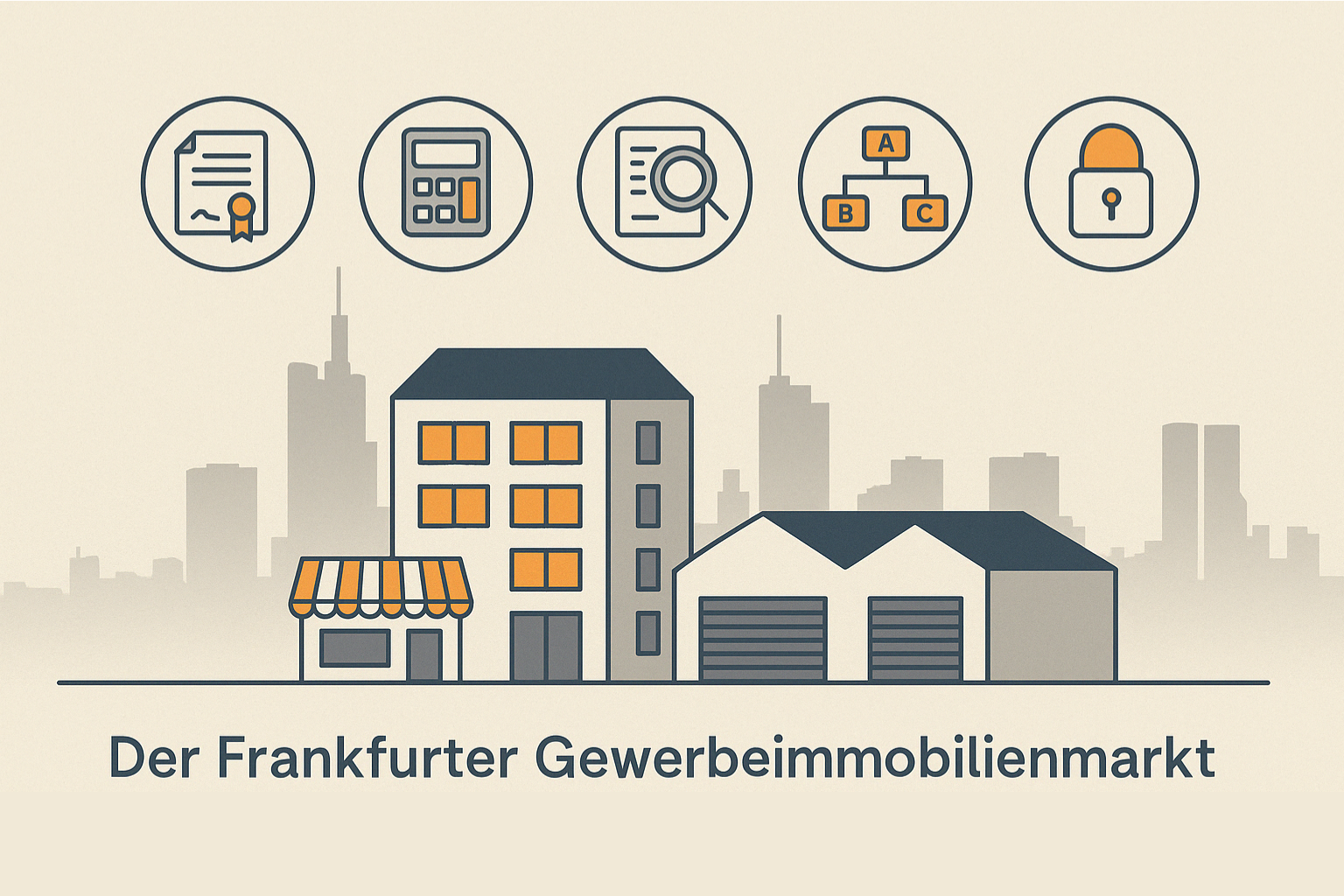 Flat Design Illustration im Querformat mit stilisierten Gewerbeimmobilien und Icons für Mietverträge, Ertragswert, Due Diligence, Assetklassen und Diskretion vor der Frankfurter Skyline – Symbolbild für den komplexen Gewerbeimmobilienmarkt.