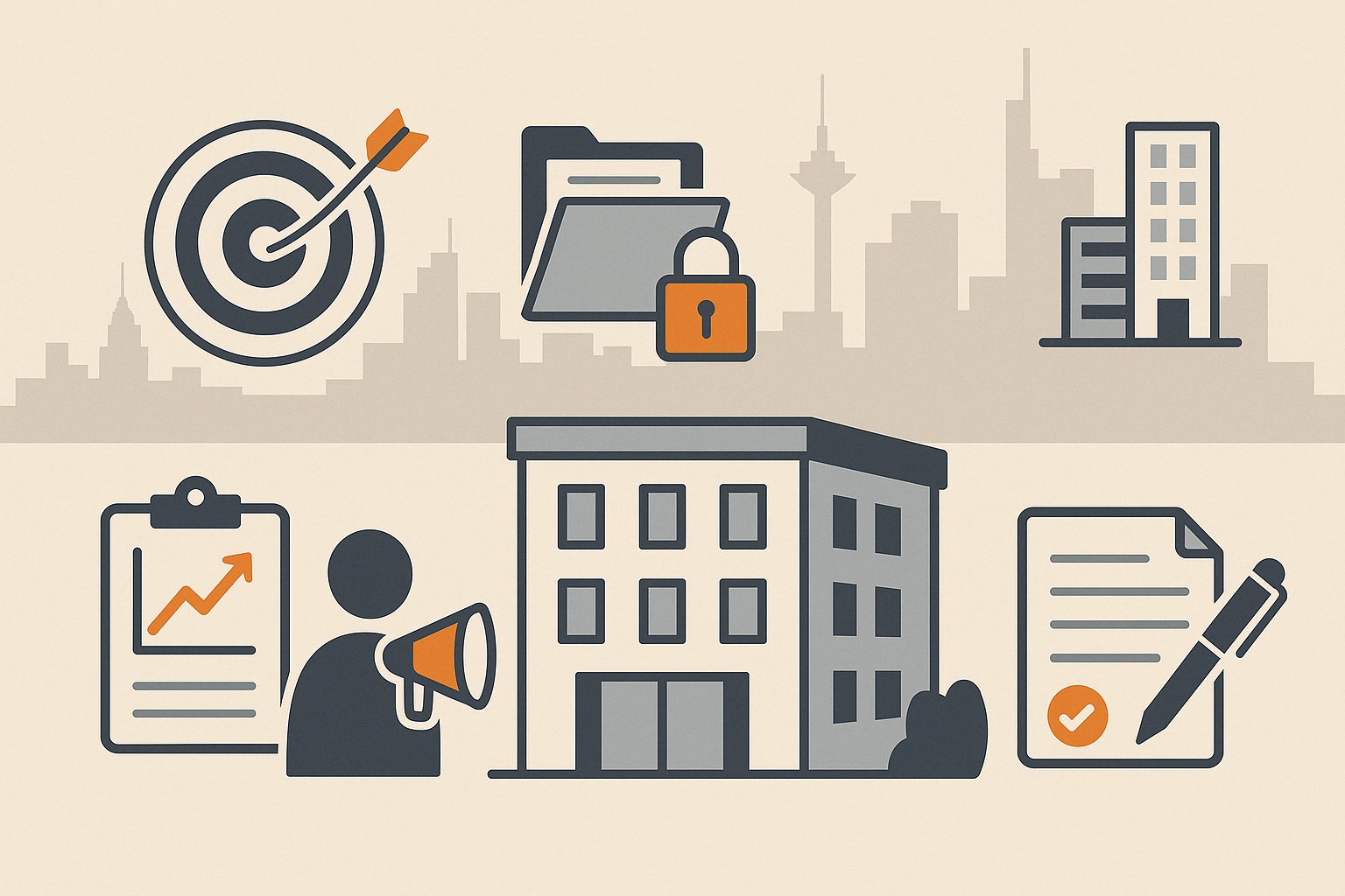 Flat Design Illustration im Querformat mit Icons für Zieldefinition, Datensicherheit, Marktanalyse, Vermarktung, Objekt und Vertragsabschluss, ausgewogen verteilt mit korrektem Abstand vor der Skyline von Frankfurt.