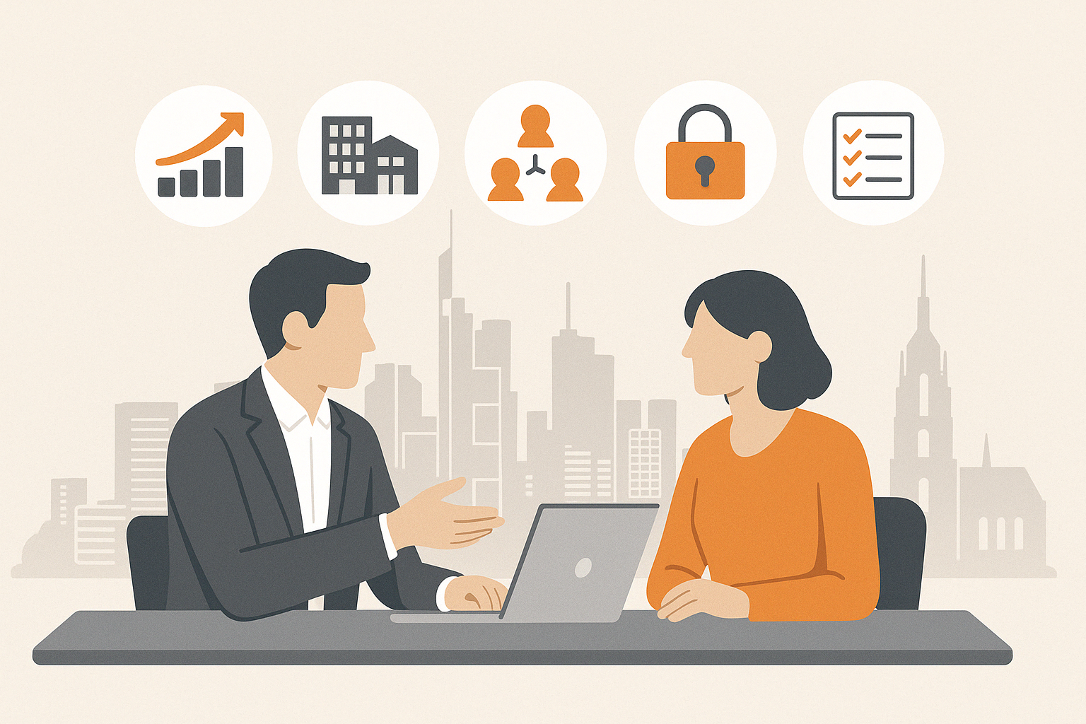 Flat Design Illustration eines Beratungsgesprächs zwischen Makler und Eigentümerin mit Icons für Marktanalyse, Assetklassen, Investoren-Netzwerk, Diskretion und strukturierte Abwicklung – vor der Skyline von Frankfurt.