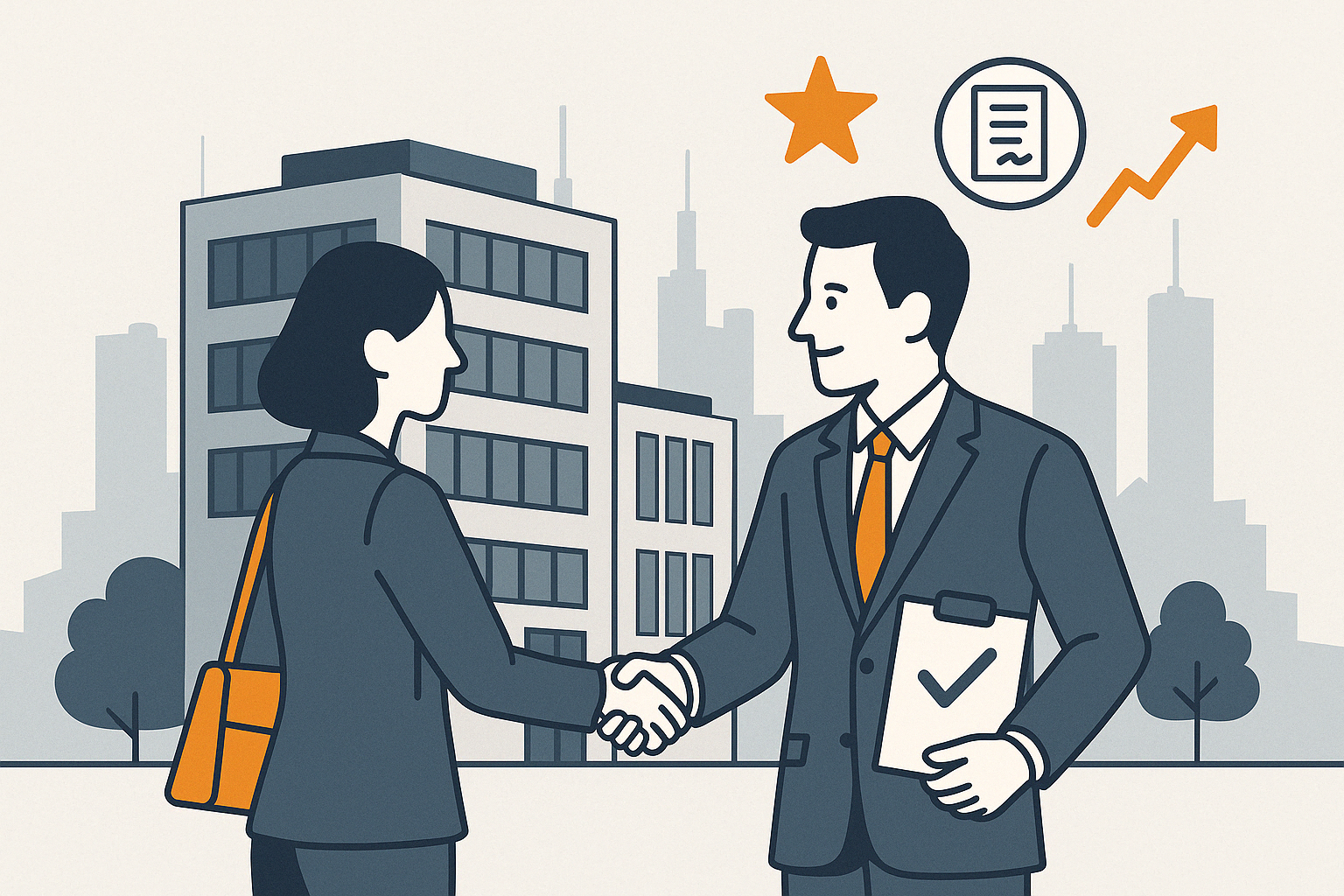 Flat Design Illustration im Querformat mit Handschlag zwischen Makler und Verkäuferin vor einem modernen Gewerbegebäude, ergänzt durch Icons für Vertrag, Wachstum und Erfolg – vor der Skyline von Frankfurt.